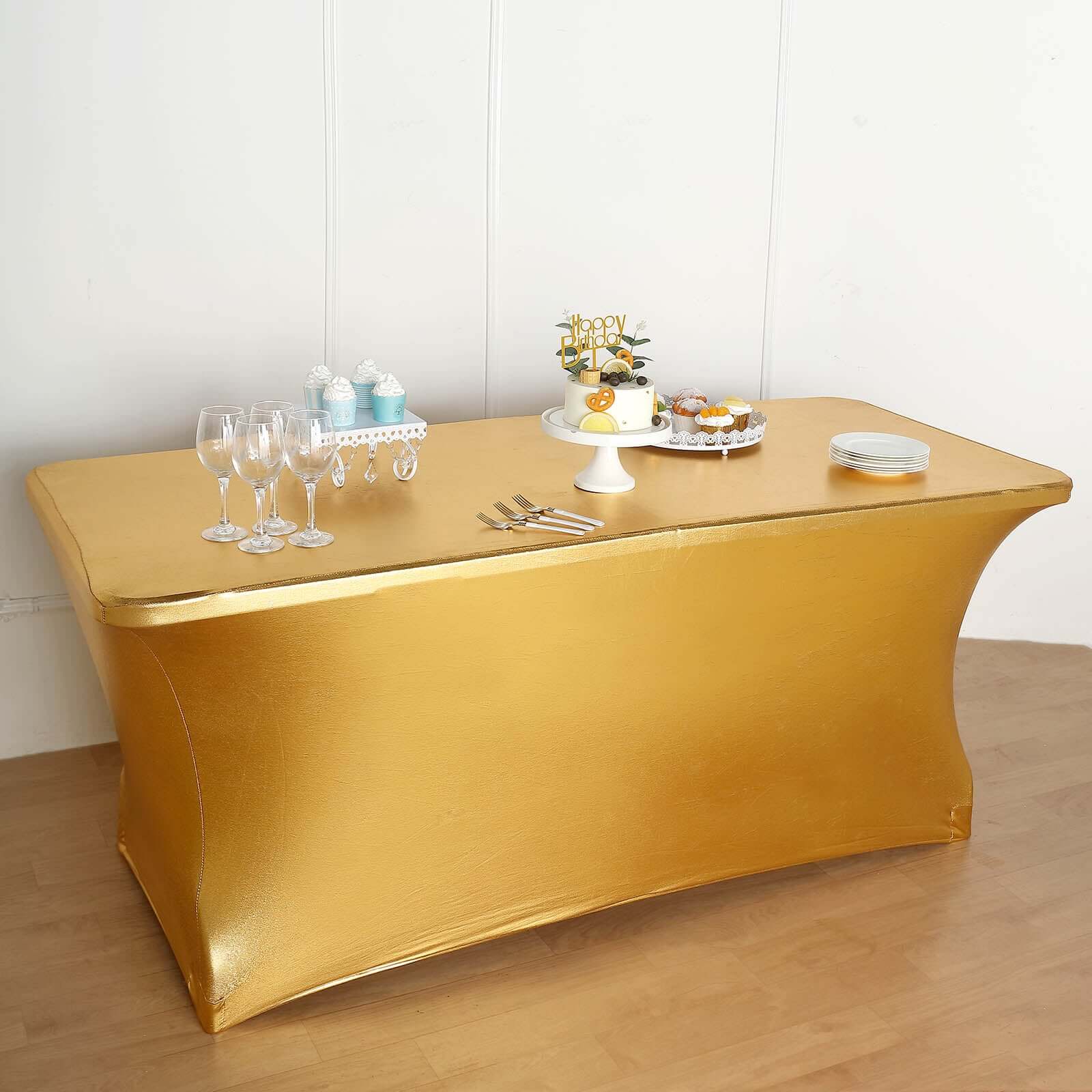 Stretch Spandex 72x30 Rectangle Tablecloth Metallic Gold - Glamorous Form-Fitting Table Cover for Upscale Gatherings