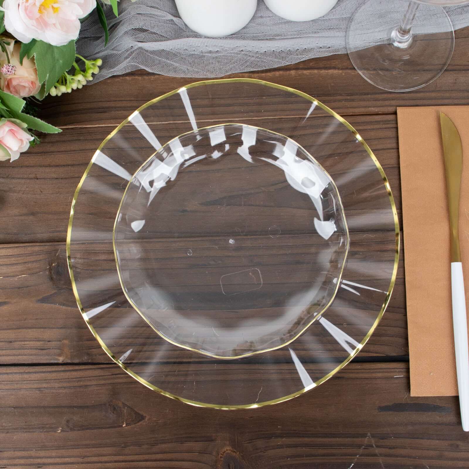 10-Pack Plastic Round 6 Dessert Plates in Clear Ruffled Rim with Gold Edging - Sturdy Disposable Salad Appetizer Dinnerware