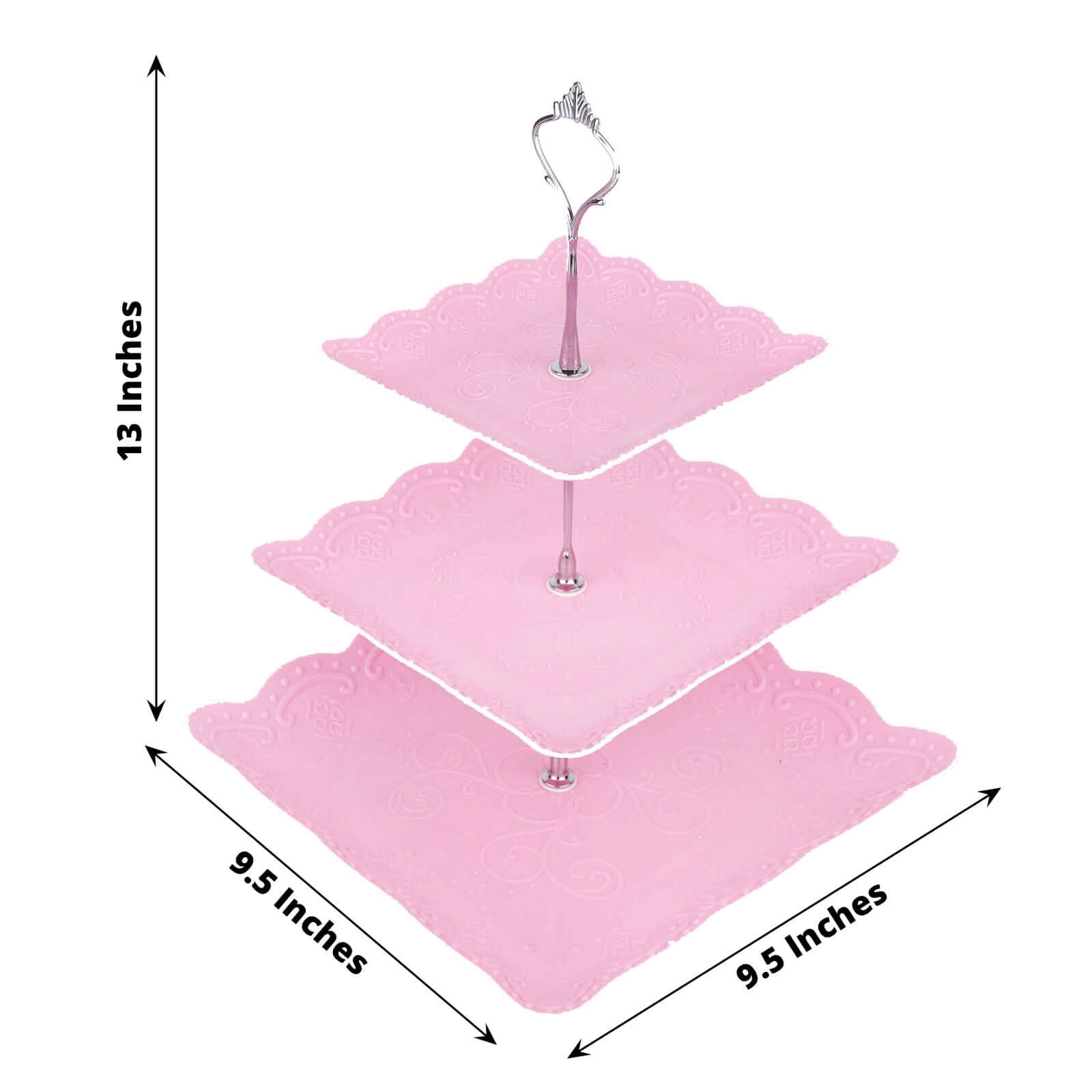 3-Tier Plastic Square Cupcake Stand Tower Pink - Charming Easy to Assemble Dessert Display Serving Tray Platter with Floral Embossed Scalloped Rim & Silver Handle for Tea Parties Weddings & Special Oc