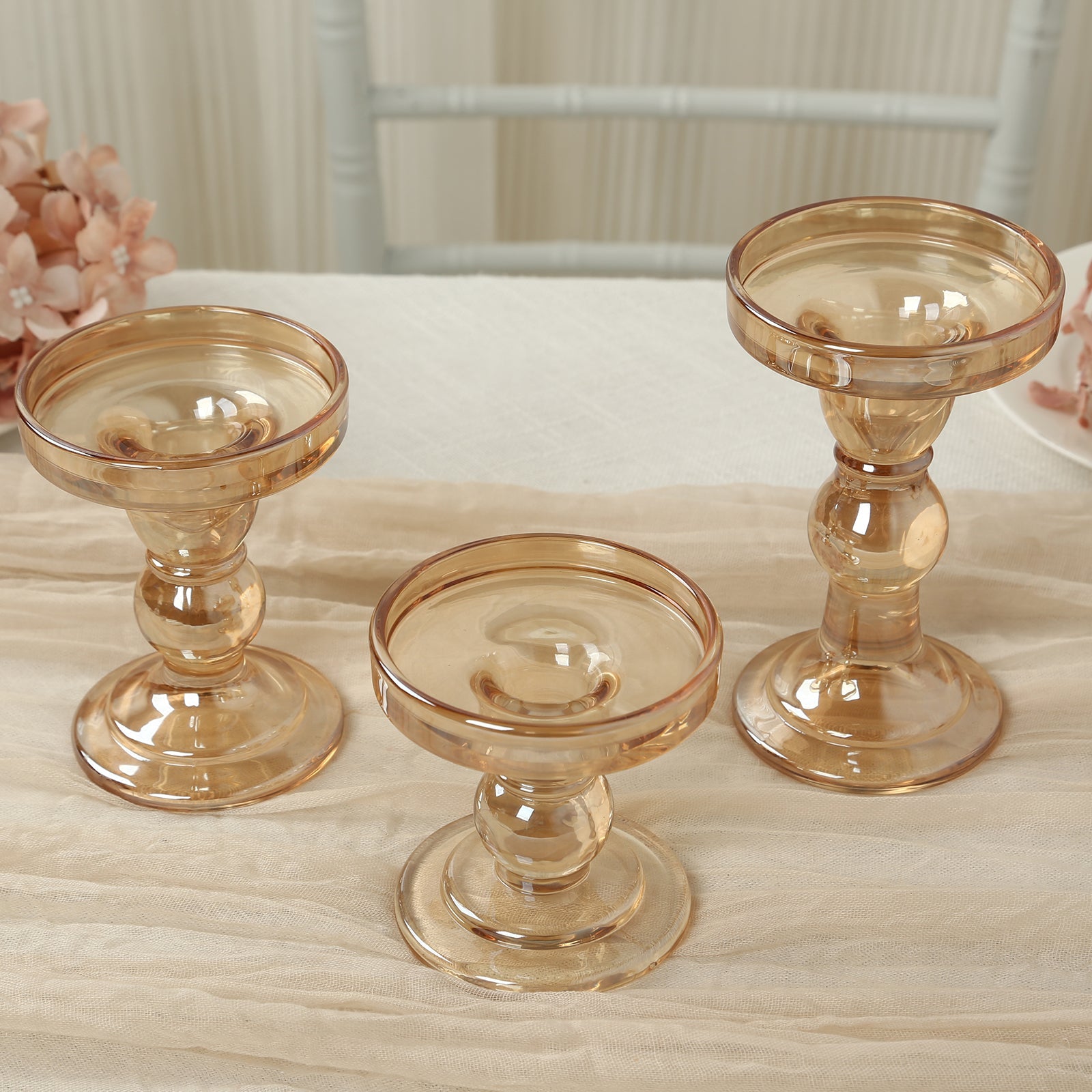 Set of 3 Glass Pillar Candle Holders Amber Gold with Round Tray - Crystal Ball Stem Taper Candlestick Tea Light Stands 3.5, 4.5, 5.5