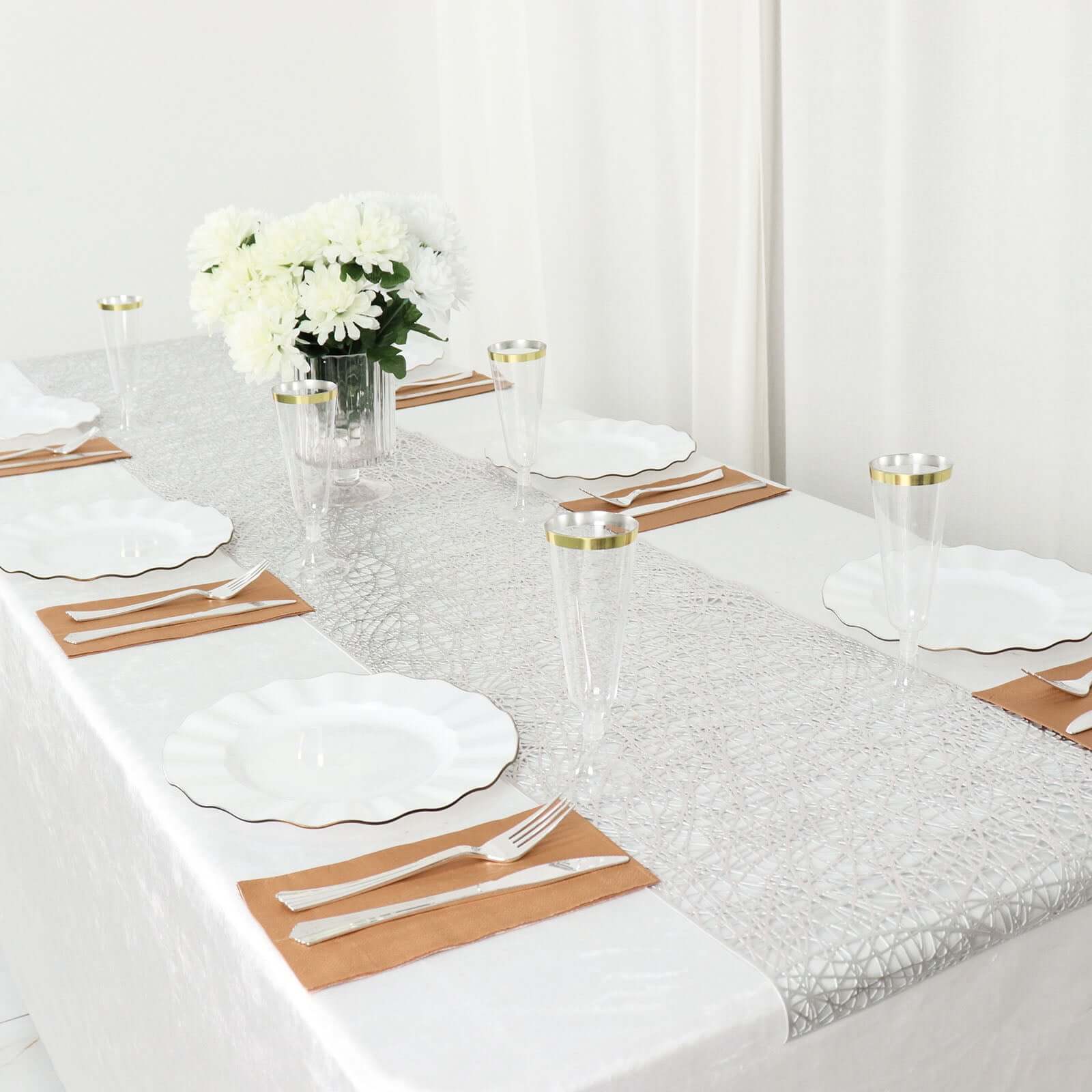 Plastic Woven Vinyl 13x6ft Table Runner Metallic Silver - Non-Slip & Reversible Tabletop Decor