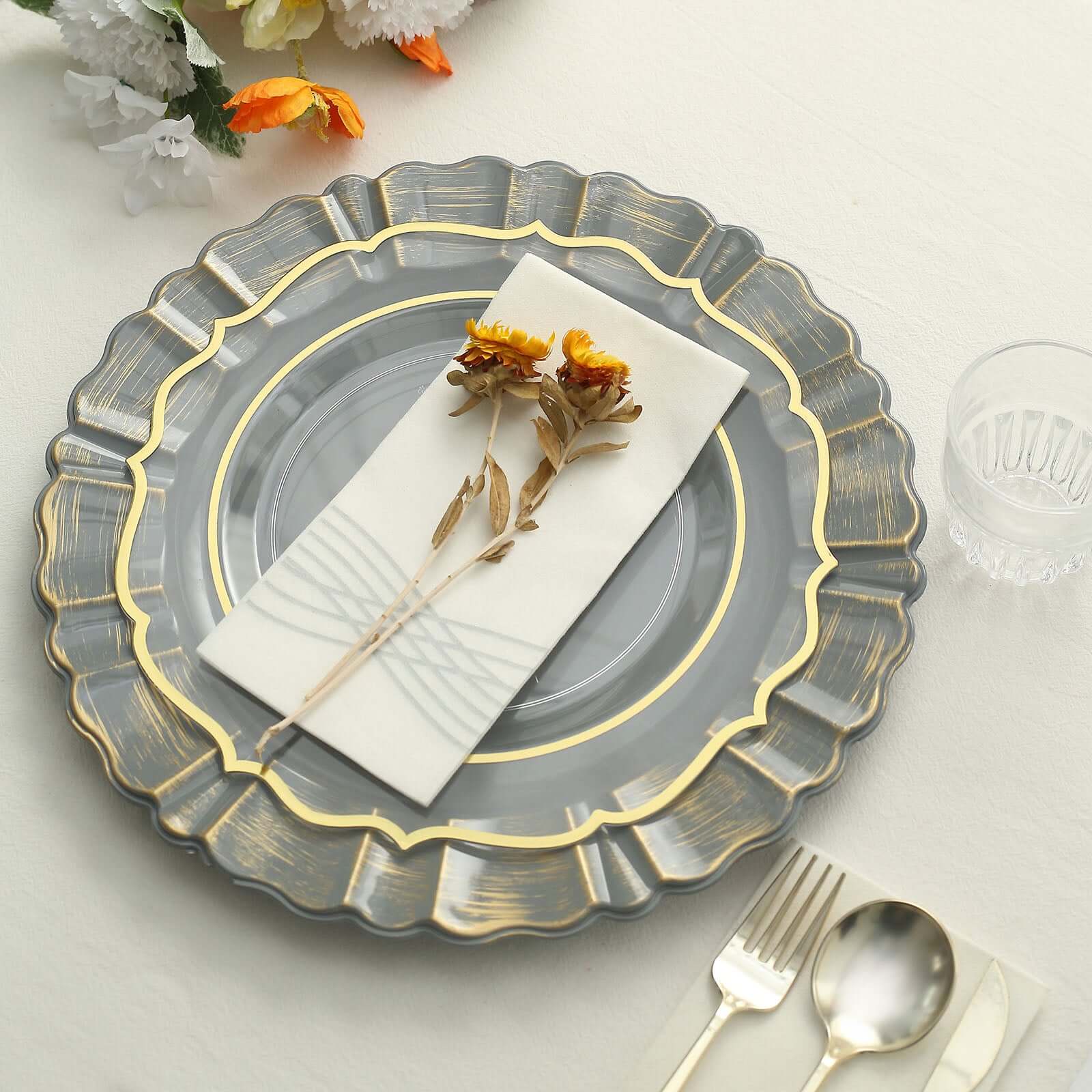 6-Pack Acrylic Plastic Round Charger Plates 13 in Charcoal Gray with Gold Brushed Wavy Scalloped Rim, Decorative Dinner Party Charger Tableware