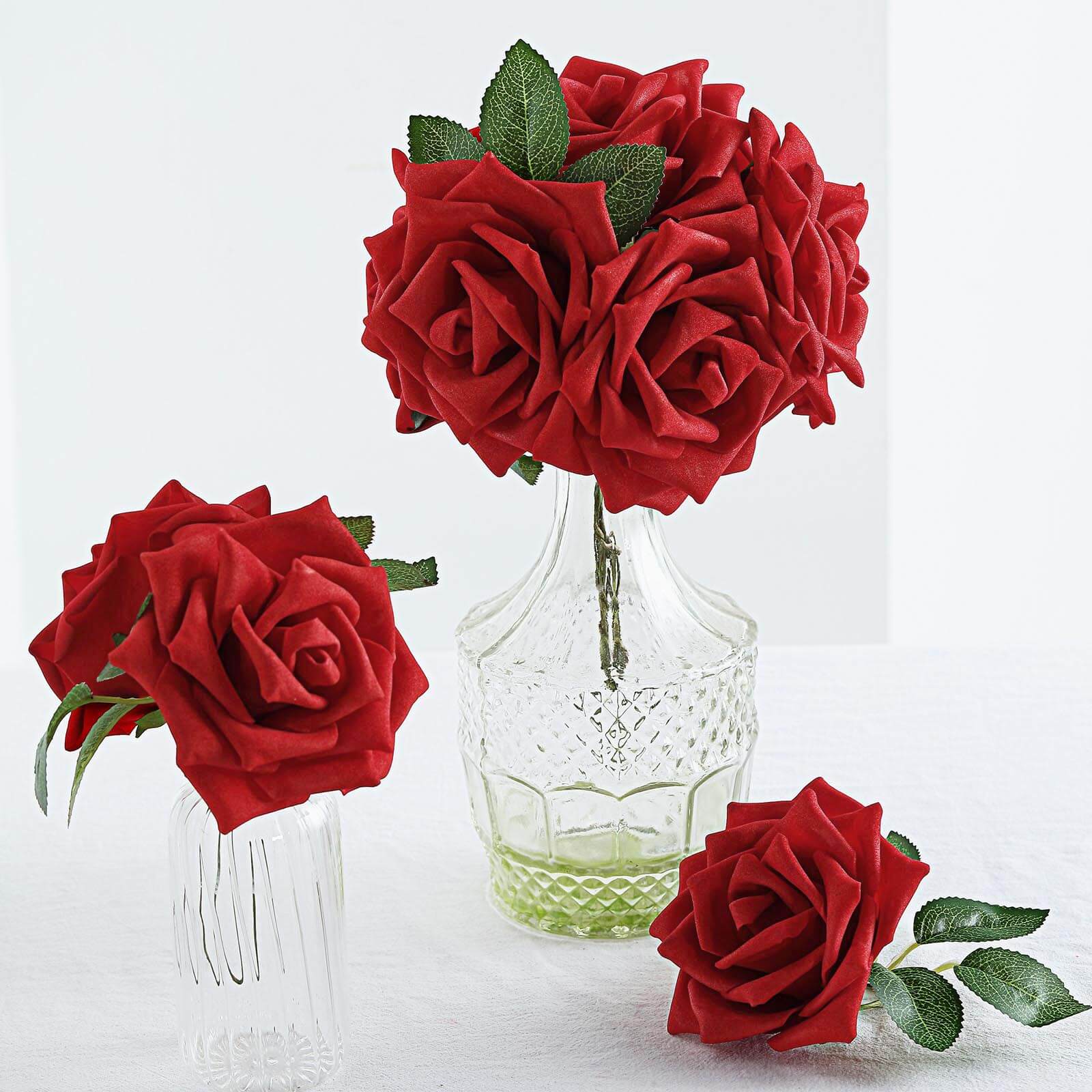 24 Roses 5 Red Artificial Foam Flowers With Stem Wire and Leaves