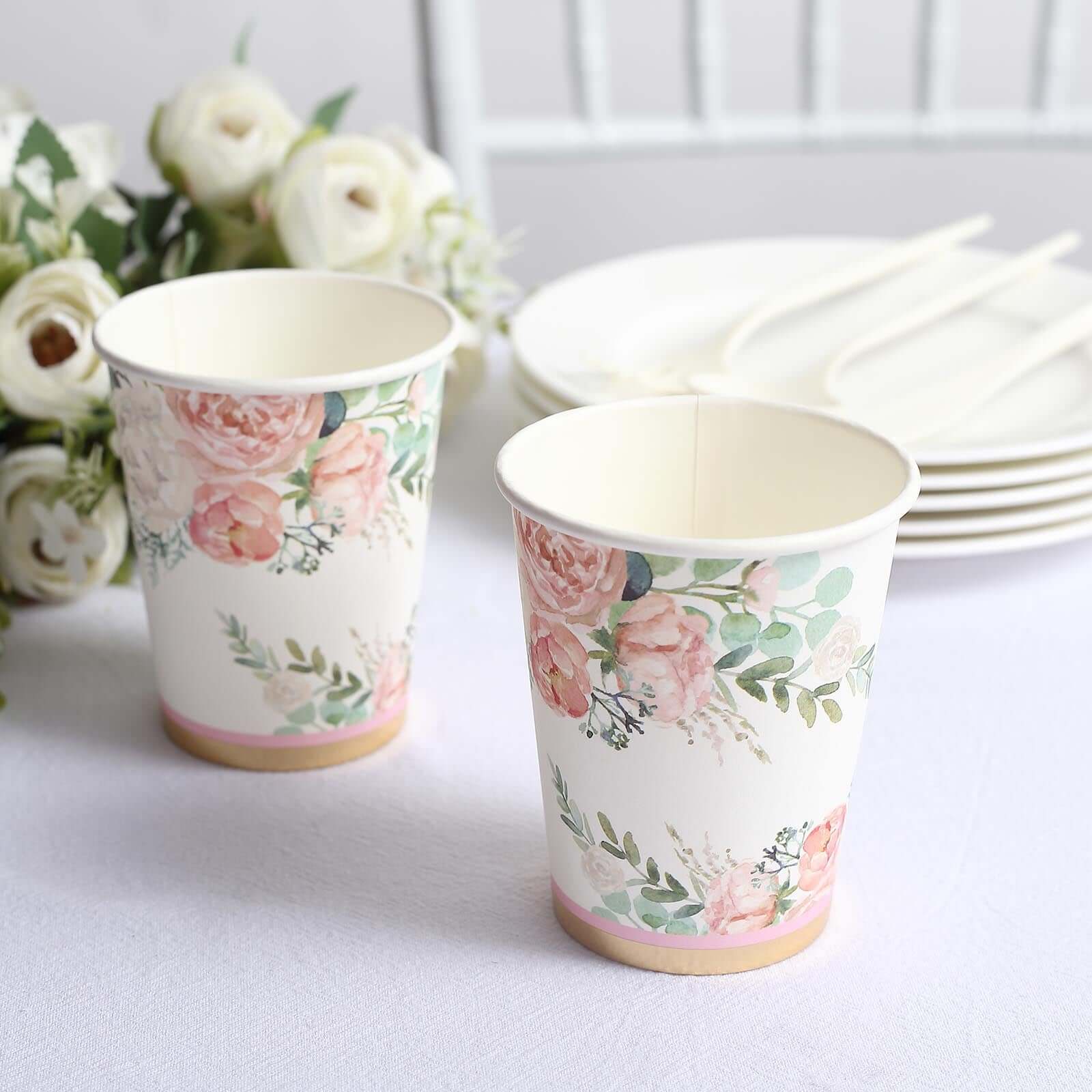 24-Pack Paper Cups in Pink Peony Flower Print with Gold Foil - Chic Disposable Party Cups for Weddings & All Purpose Use 9oz