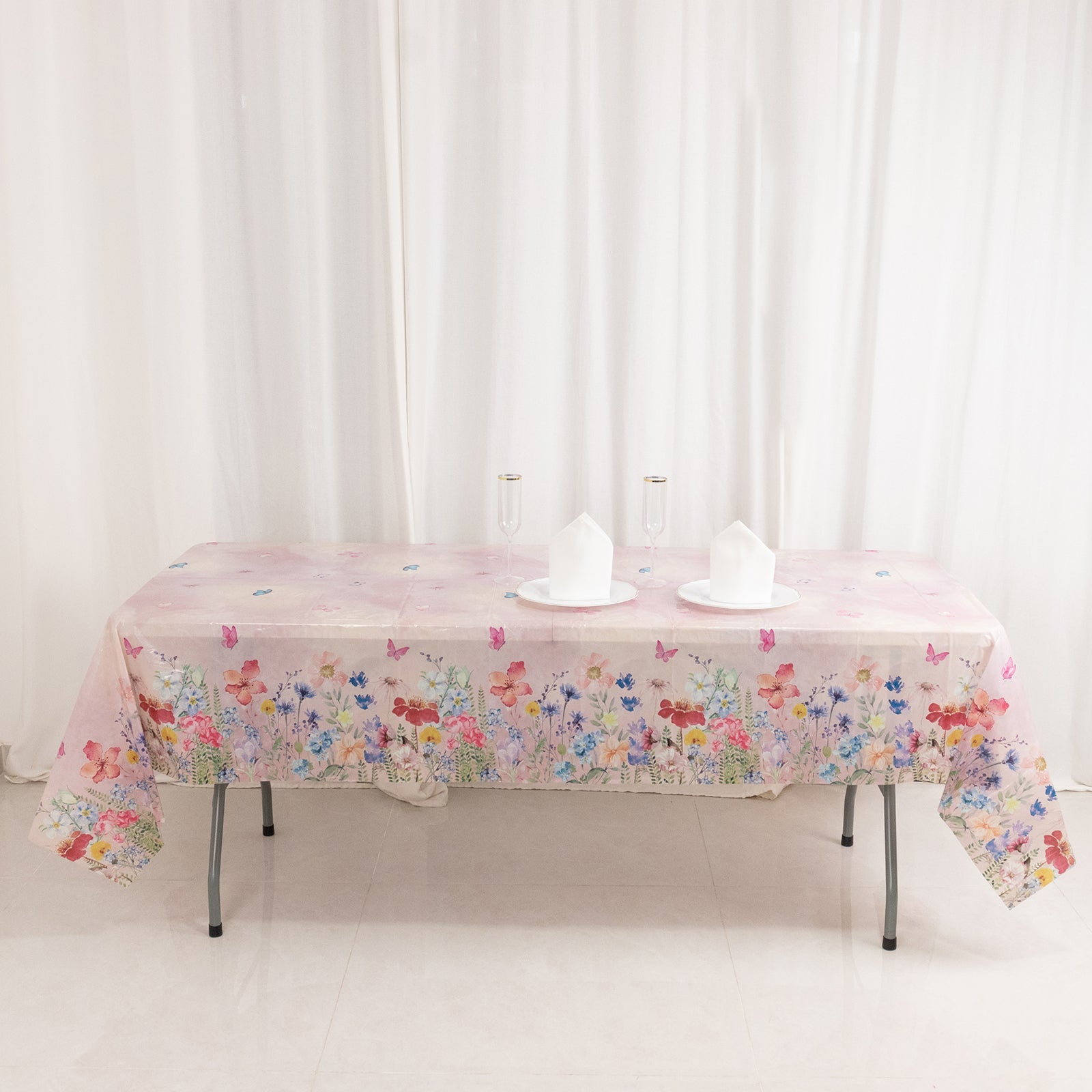 5-Pack Plastic Table Covers Blush Rectangle with Butterfly Floral Print - Decorative PVC Disposable Covers 54x108