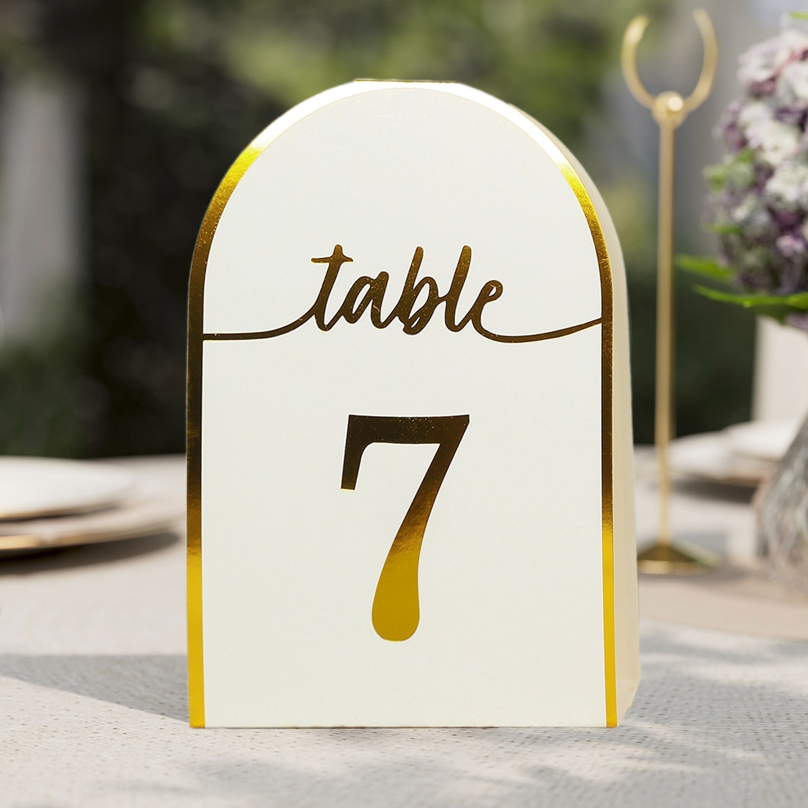 25-Pack Paper Wedding Table Numbers 1-25 White Arch Cutout Design - Sleek & Modern Free Standing Double Sided Table Tent Cards with Metallic Gold Foil Numbers 7