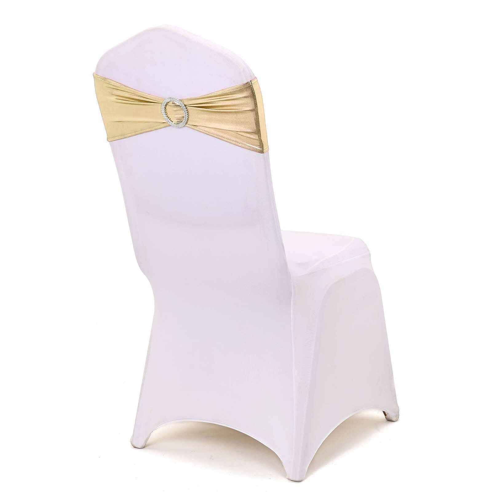 5 Pack Metallic Spandex Chair Sashes Champagne - Stretch Fit Chair Bands With Round Diamond Buckles