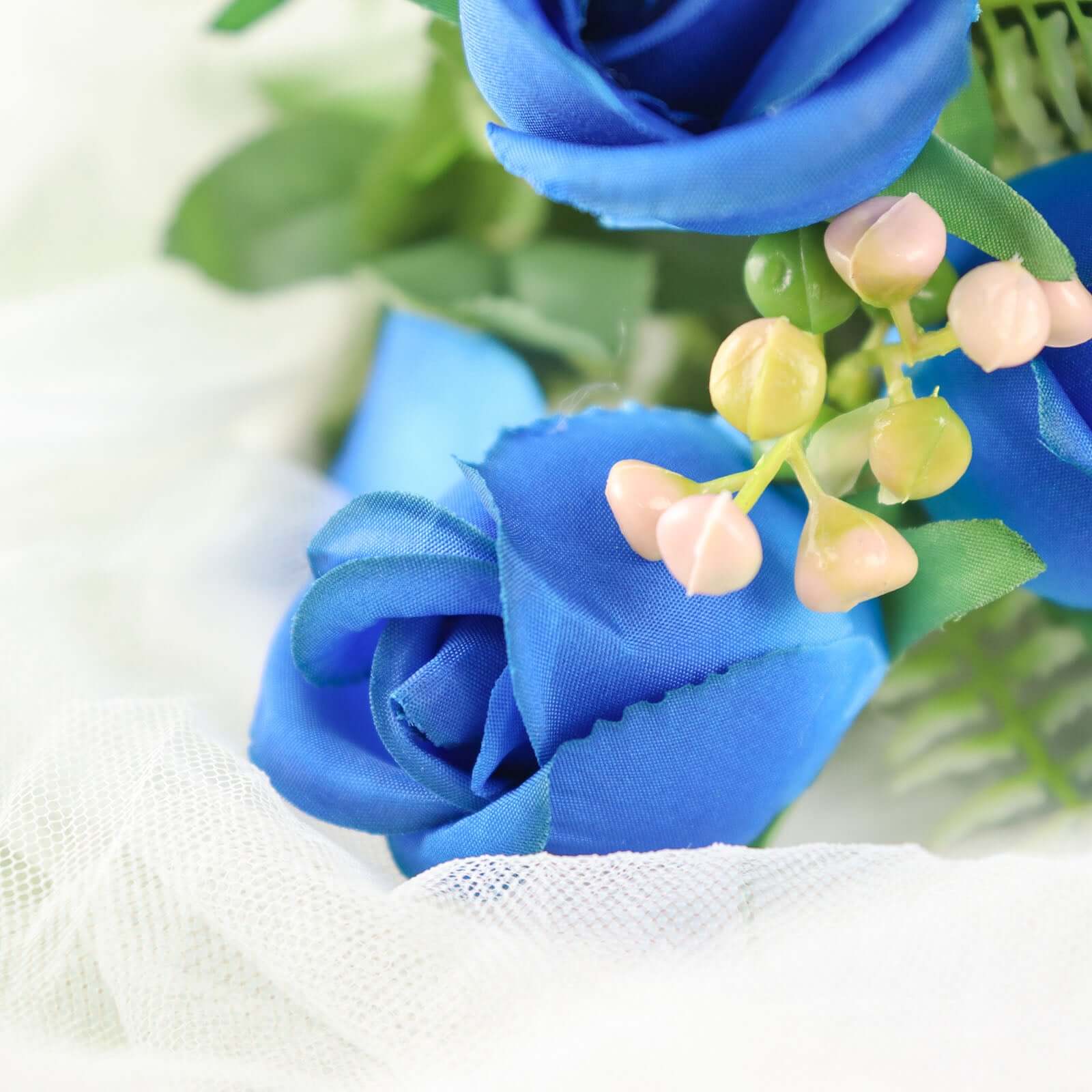 3 Pack 13 Royal Blue Real Touch Silk Rose Bud Flower Bridal Bouquets, Artificial Floral Bush Arrangements