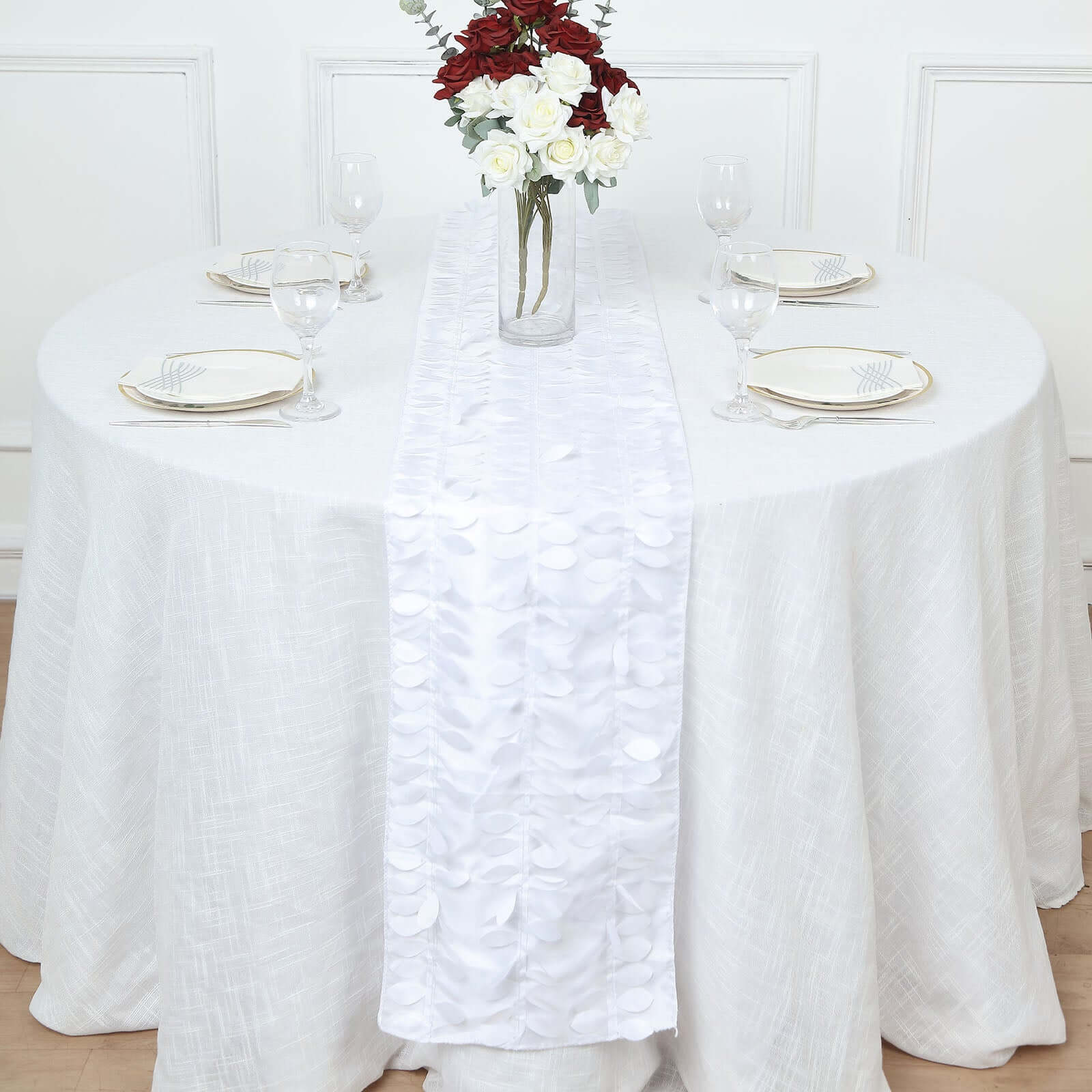 Taffeta Fabric 12x108 Table Runner White 3D Leaf Petal - Stylish Wedding Decor