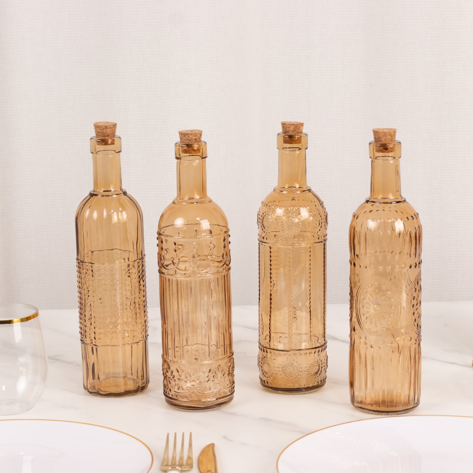 Set of 4 Embossed Glass Bottles Vintage Amber Gold with Corks - Large Flower Bud Vases 16oz 10 Tall