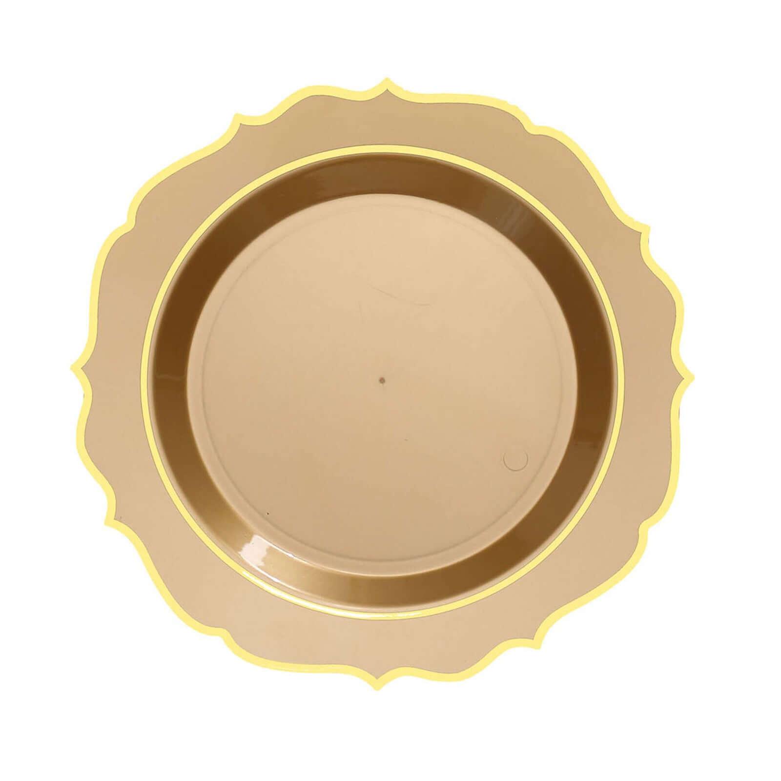 10-Pack Plastic 8 Round Desert Plates in Gold with Gold Scalloped Rim - Disposable Appetizer/Salad Plates