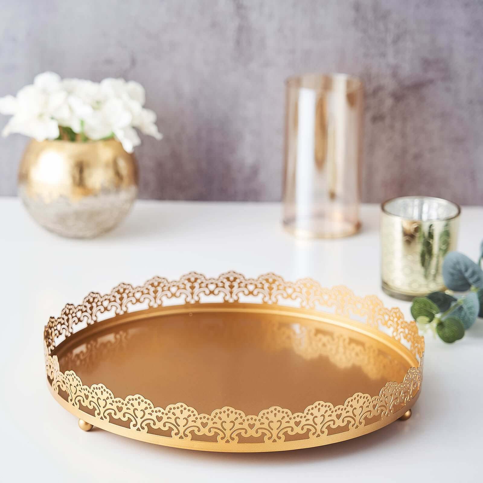 12 Gold Premium Metal Decorative Vanity Serving Tray, Round With Embellished Rims