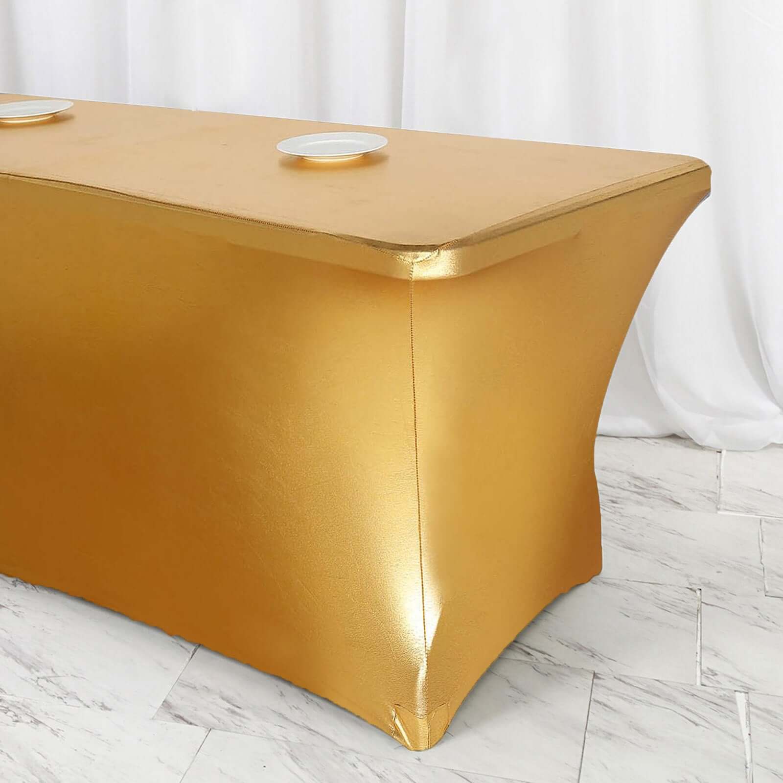 Stretch Spandex 72x30 Rectangle Tablecloth Metallic Gold - Glamorous Form-Fitting Table Cover for Upscale Gatherings