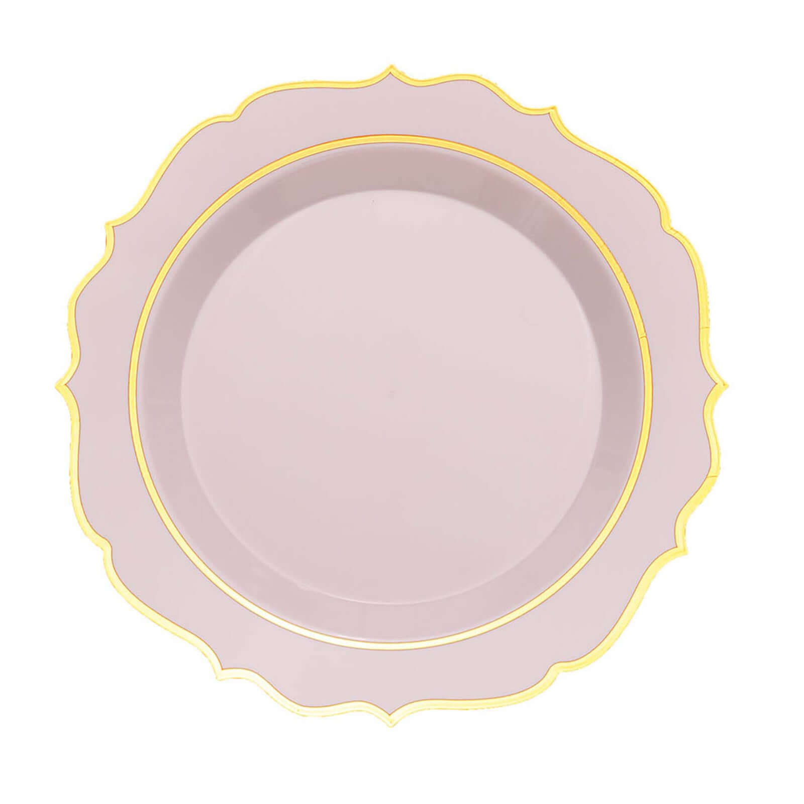 10-Pack Plastic 10 Round Dinner Plates in Blush with Gold Scalloped Rim - Disposable Party Plates