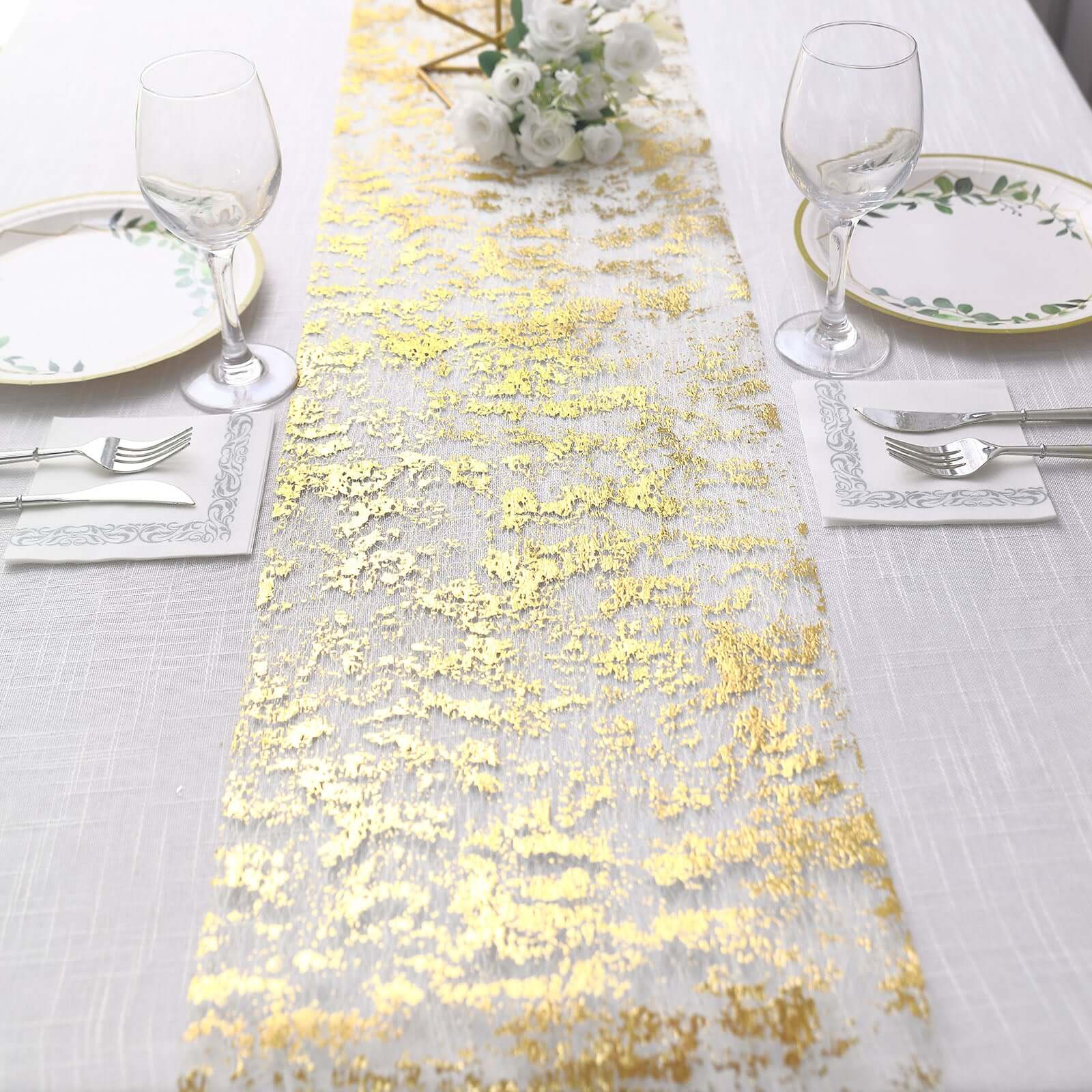 Mesh Polyester 108 Table Runner Roll Metallic Gold Distressed Foil Printing Design - Disposable Stylish Party Table Decor