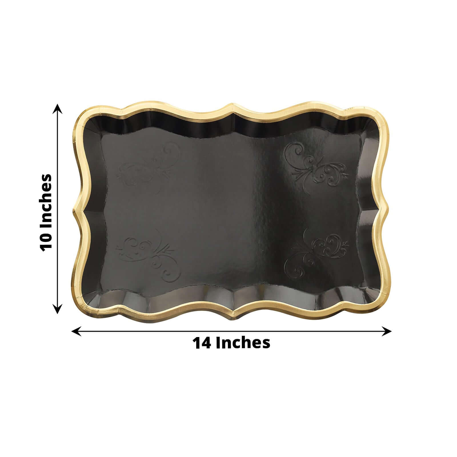 10-Pack Paper 14x10 Rectangle Serving Trays Black - Heavy Duty Disposable 400GSM Cardboard Party Platters with Exquisite Gold Rim for Weddings & Parties