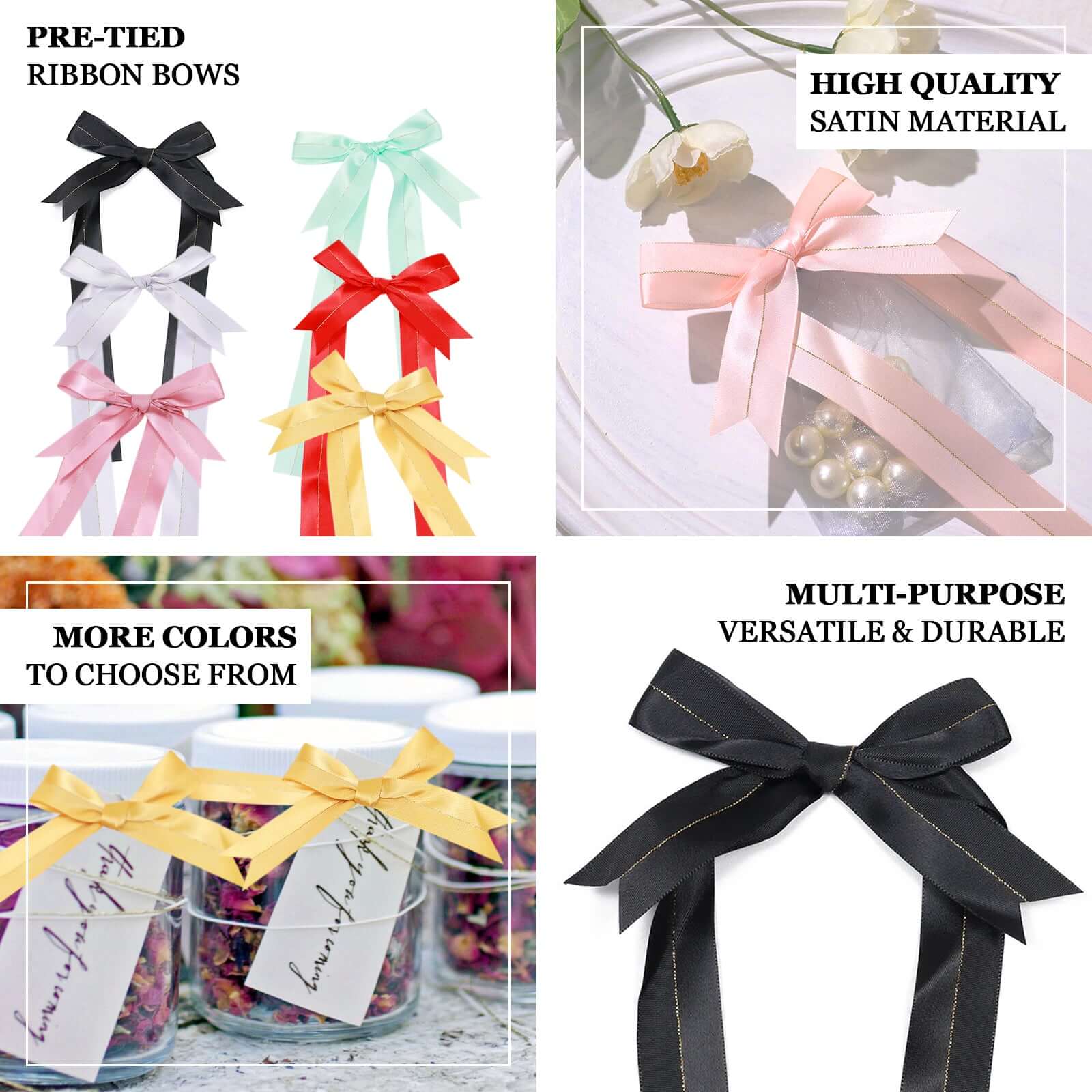 50 Pcs 10 Red Pre Tied Ribbon Bows, Satin Ribbon With Gold Foil Lining For Gift Basket and Party Favors Decor