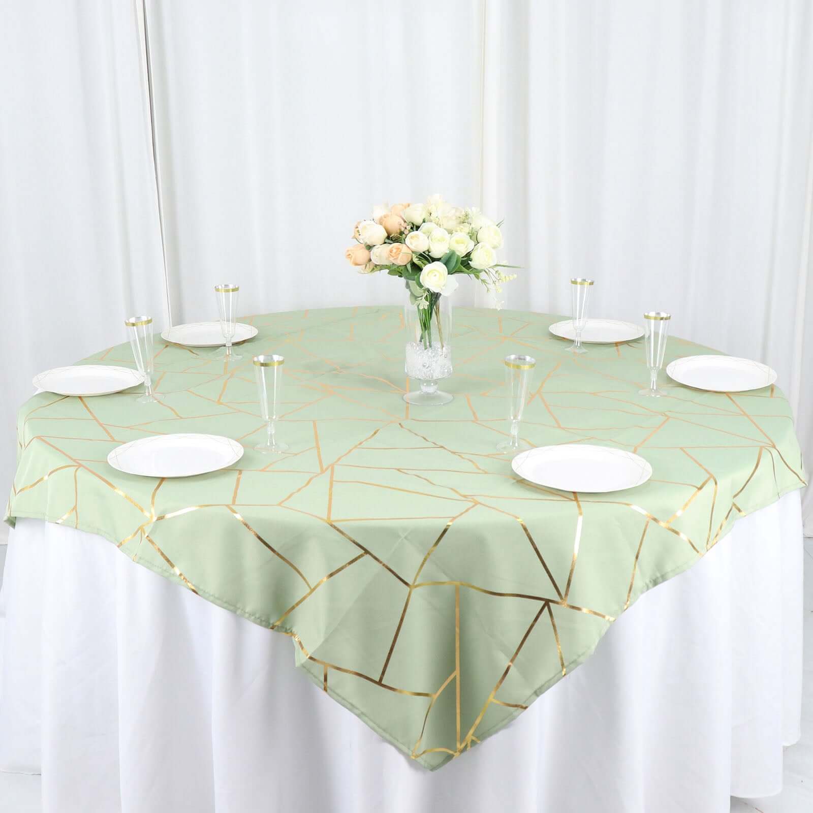 Polyester 54x54 Table Overlay Square Tablecloth Sage Green with Gold Foil Geometric Pattern - Wrinkle-Resistant & Durable for Stylish Settings