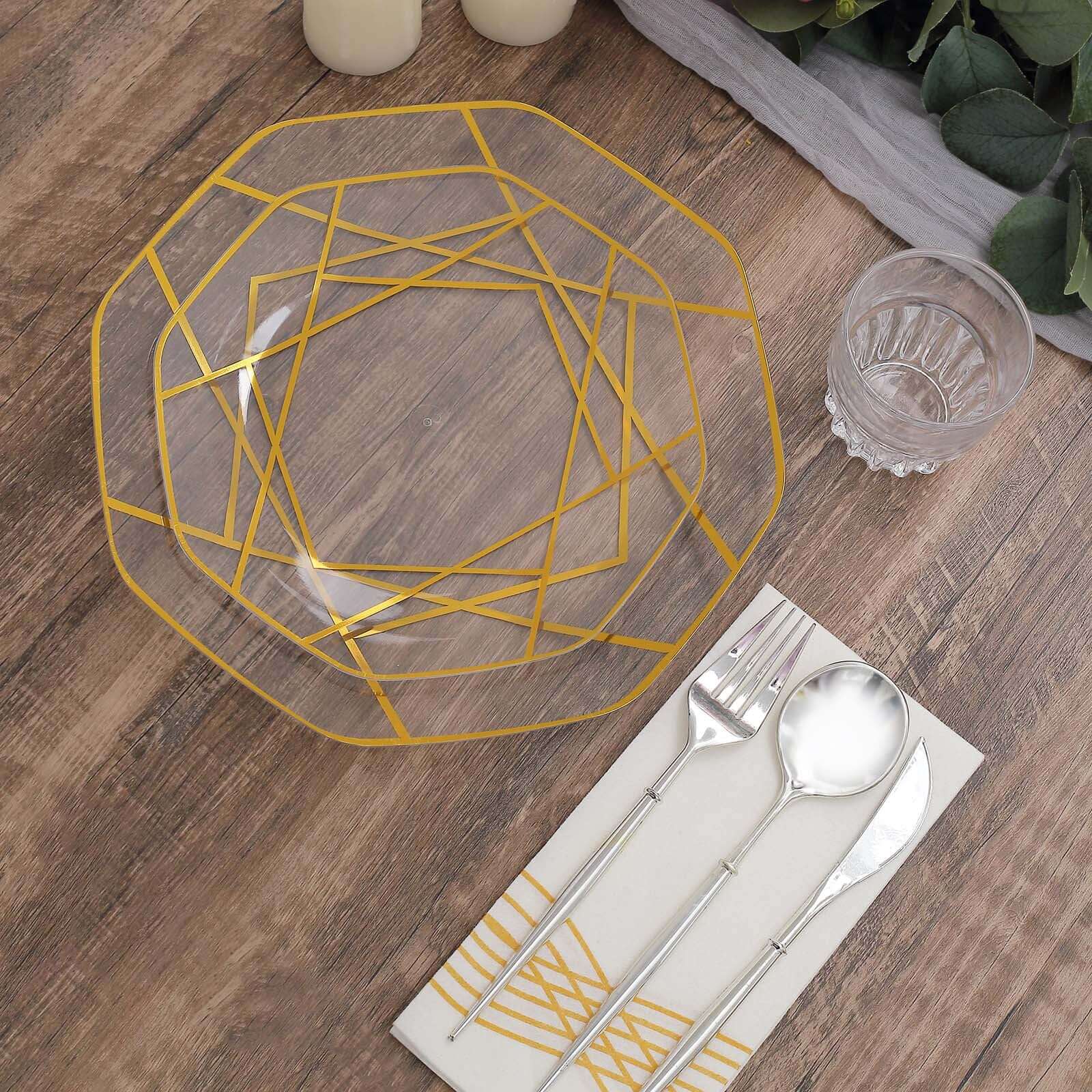 10-Pack Plastic 10 Octagon Dinner Plates in Clear - Modern Disposable Party Plates with Gold Geometric Design for Special Occasions & Celebrations