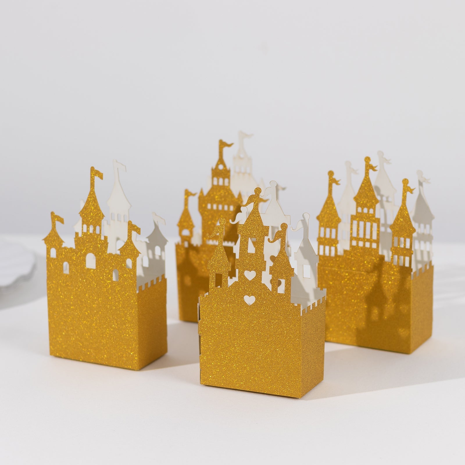 20 Pack Gold Glitter Fairy Tale Castle Favor Boxes, Princess Theme Cardstock Paper Candy Boxes Party Decorations - 3.5x2x6.5