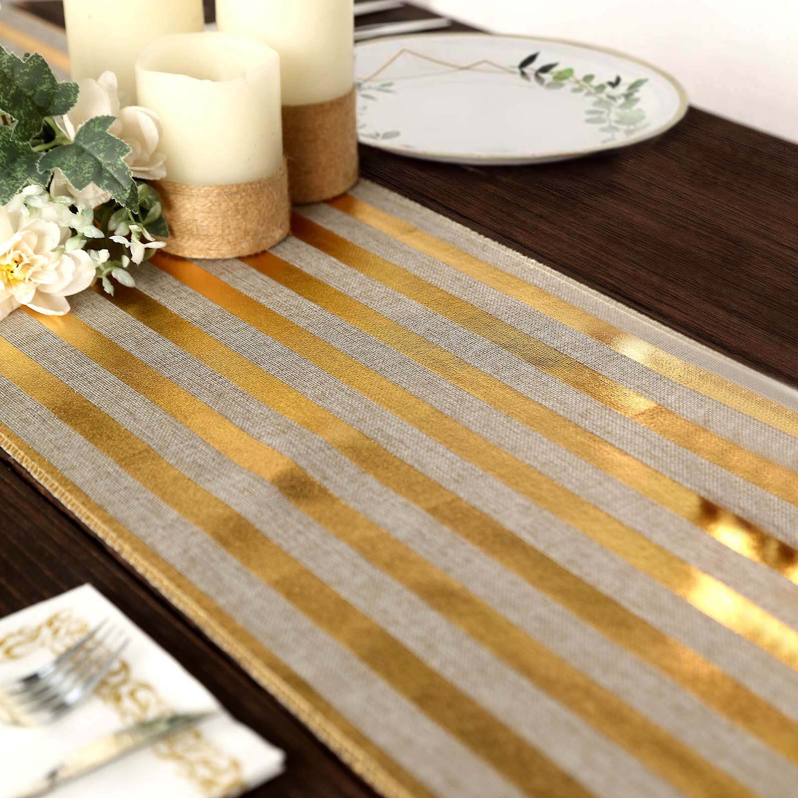 Faux Jute Burlap 12x108 Table Runner Taupe with Gold Stripes - Rustic Farmhouse Table Linen