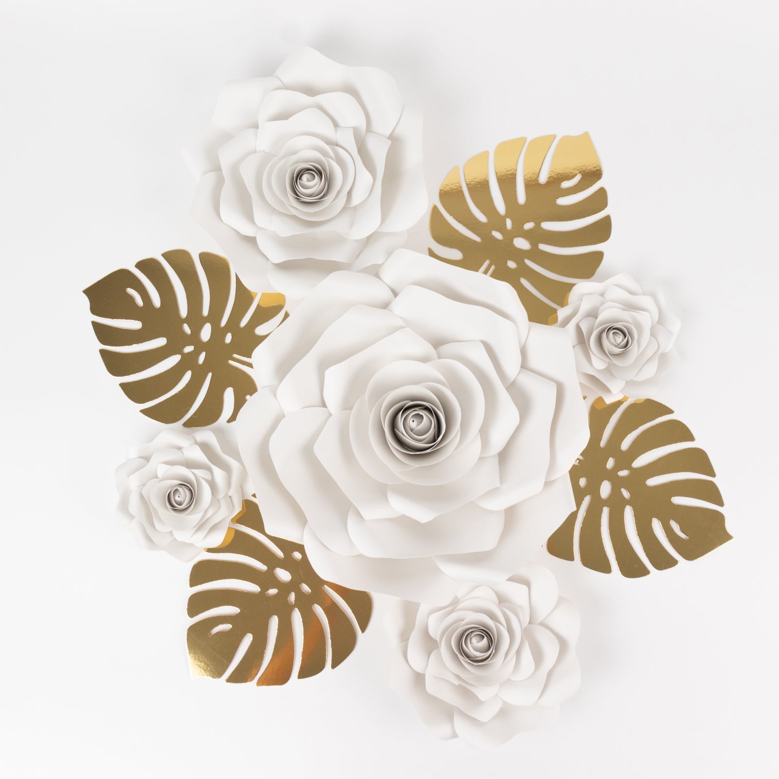 Set of 9 White 3D Rose Paper Flowers with Gold Tropical Palm Leaves, Party Flower Backdrop Hanging Wall Decor