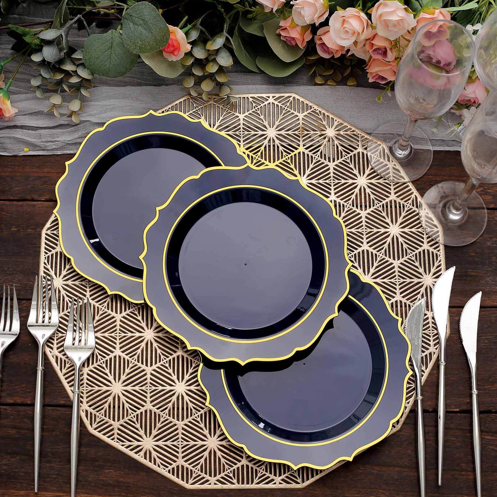 10-Pack Plastic 8 Round Desert Plates in Navy Blue with Gold Scalloped Rim - Disposable Appetizer/Salad Plates