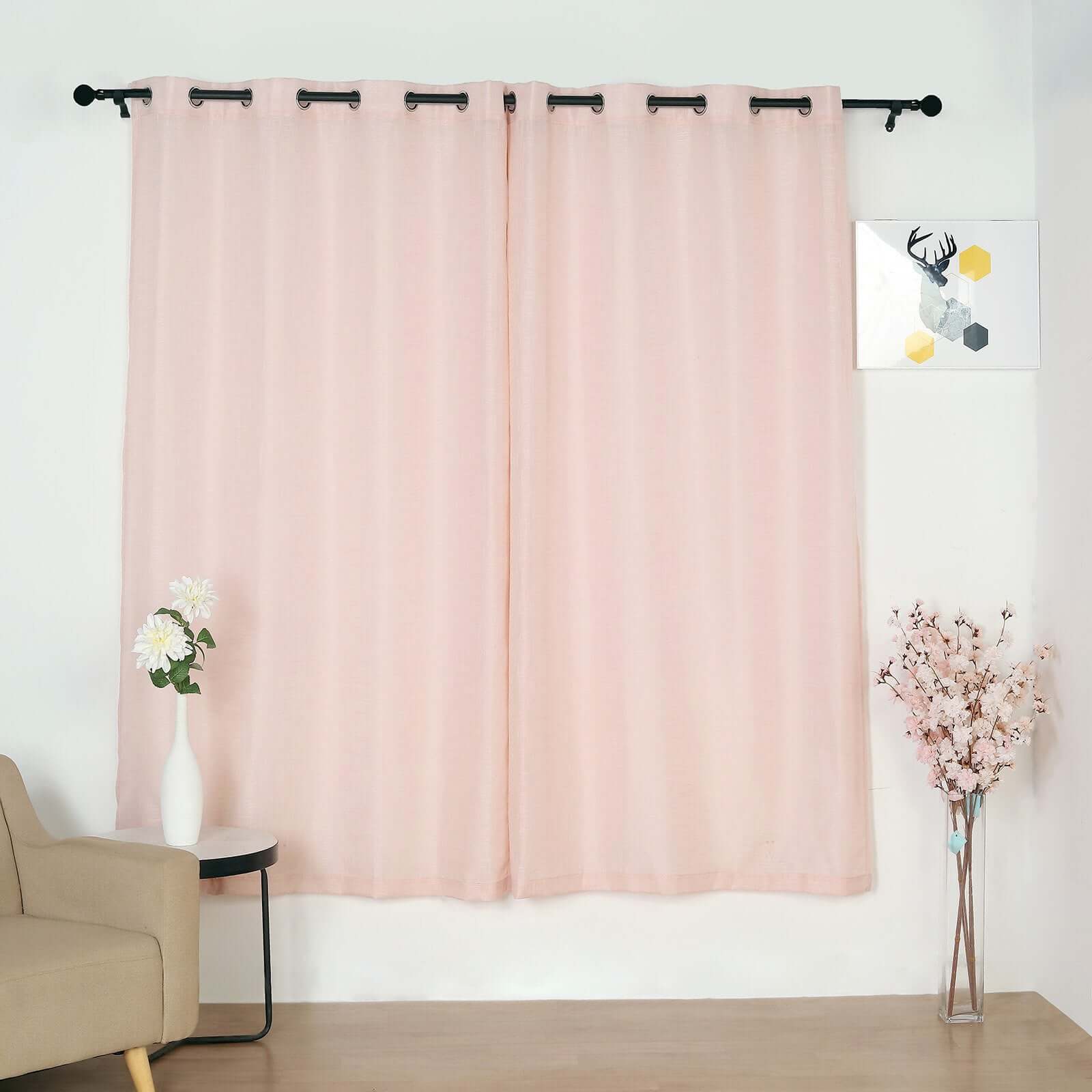 2 Pack Handmade Blush Faux Linen Curtains 52x84, Curtain Panels With Chrome Grommets -