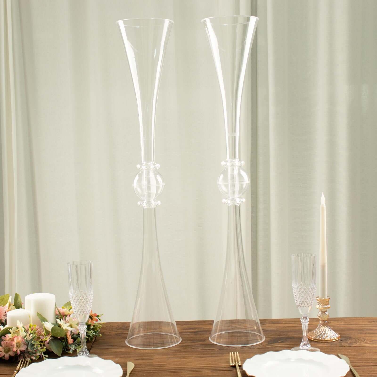 2 Pack 31 Clear Crystal Embellishment Trumpet Flower Vase, Reversible Plastic Table Centerpiece
