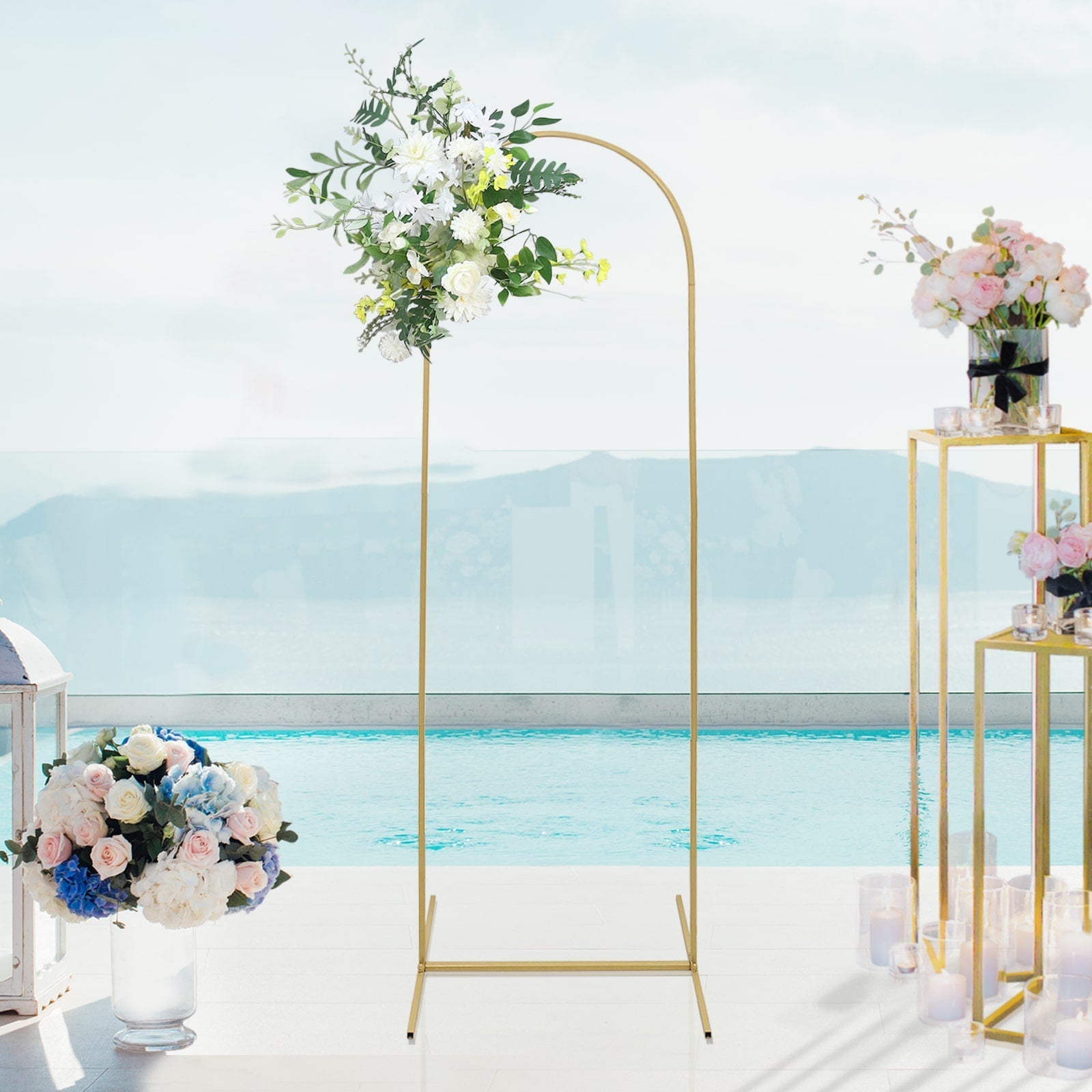 6ft Gold Metal Round Top Chiara Wedding Arch Backdrop Stand, Rectangular Floral Balloon Frame Ceremony Arbor