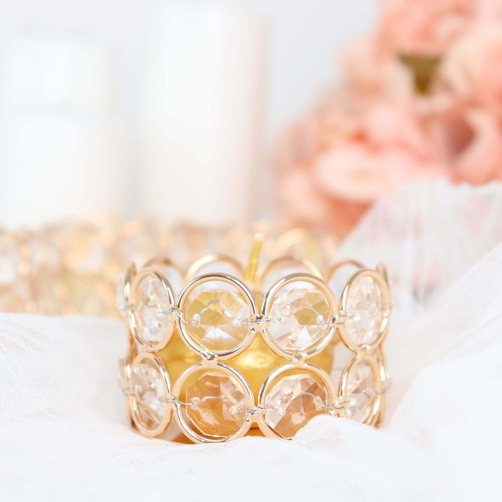 6-Pack Crystal Beaded Tea Light Candle Holders Gold Metal 1.5 - Stylish Votive Candle Stands for Weddings