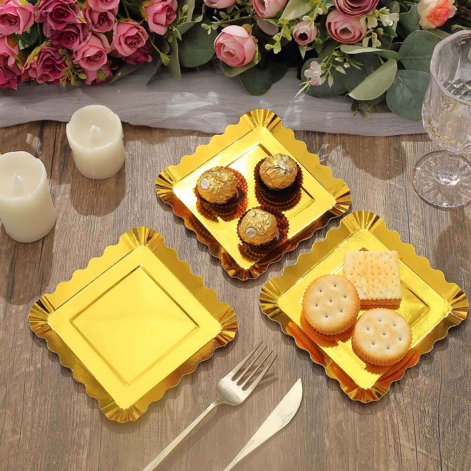 50-Pack Paper 5 Square Dessert Plates in Gold Foil with Scalloped Rim - Disposable Appetizer Plates for for Glam Gatherings & Special Occasions