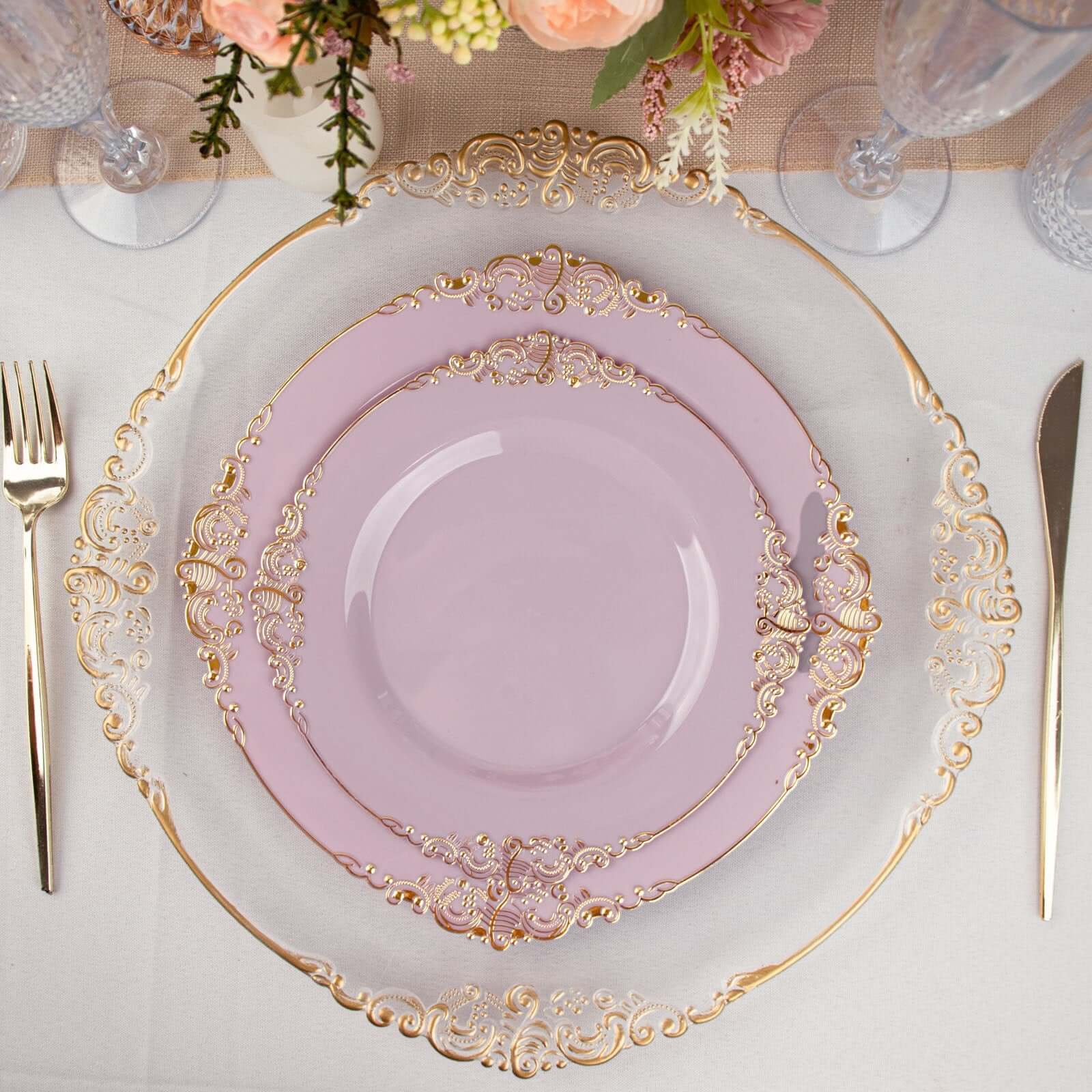 10-Pack Plastic 10 Round Dinner Plates in Lavender Lilac with Gold Leaf Embossed Rim - Disposable Vintage Baroque Style Plates