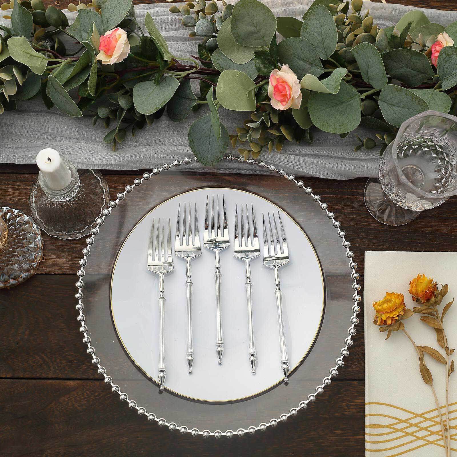 24-Pack Plastic Dessert Forks with Roman Column Handle Silver - European Style Disposable Utensils 6