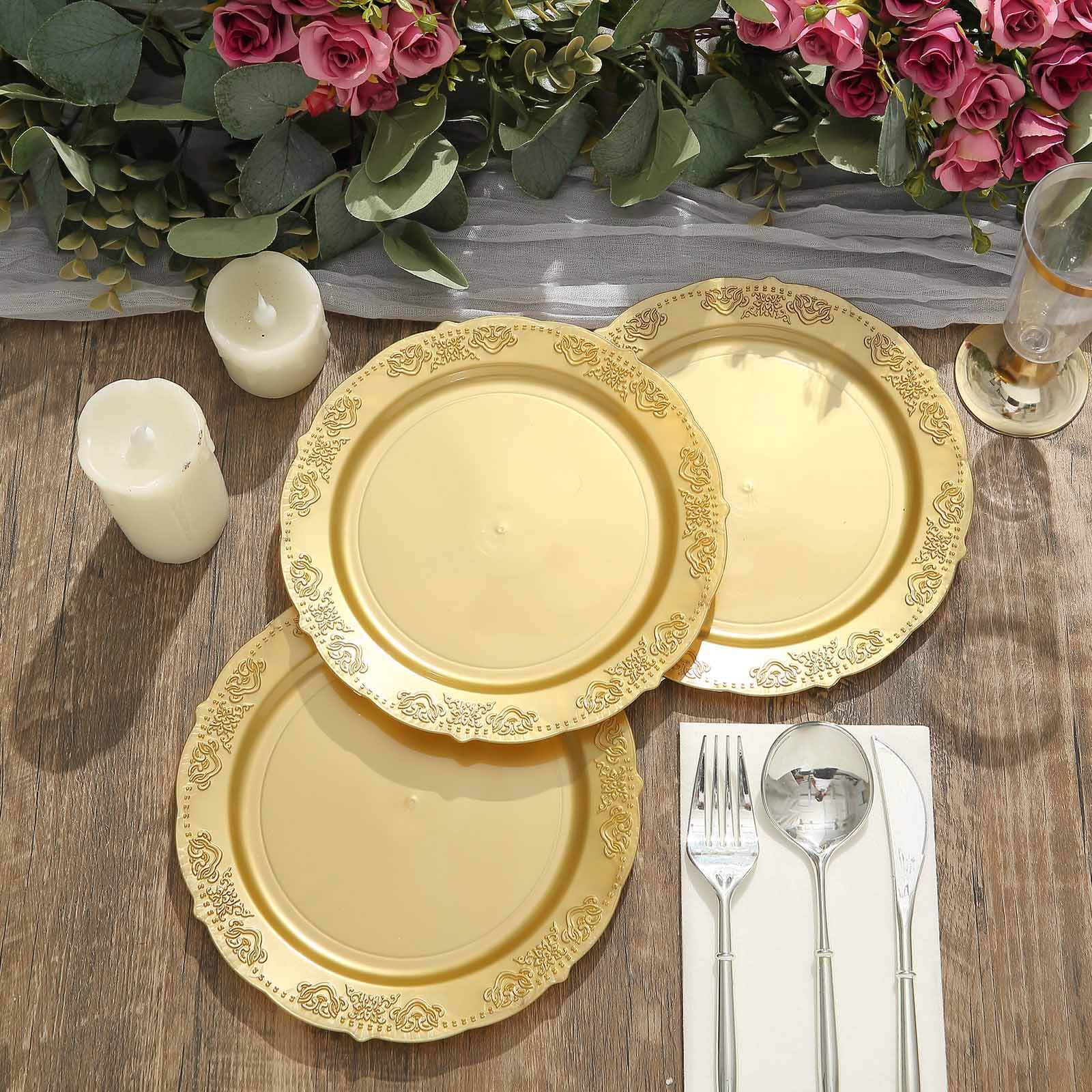 10-Pack Plastic 7.5 Round Appetizer Plates Gold Embossed Scalloped Edge - Chic Disposable Salad Plates for Special Occasions & Banquets