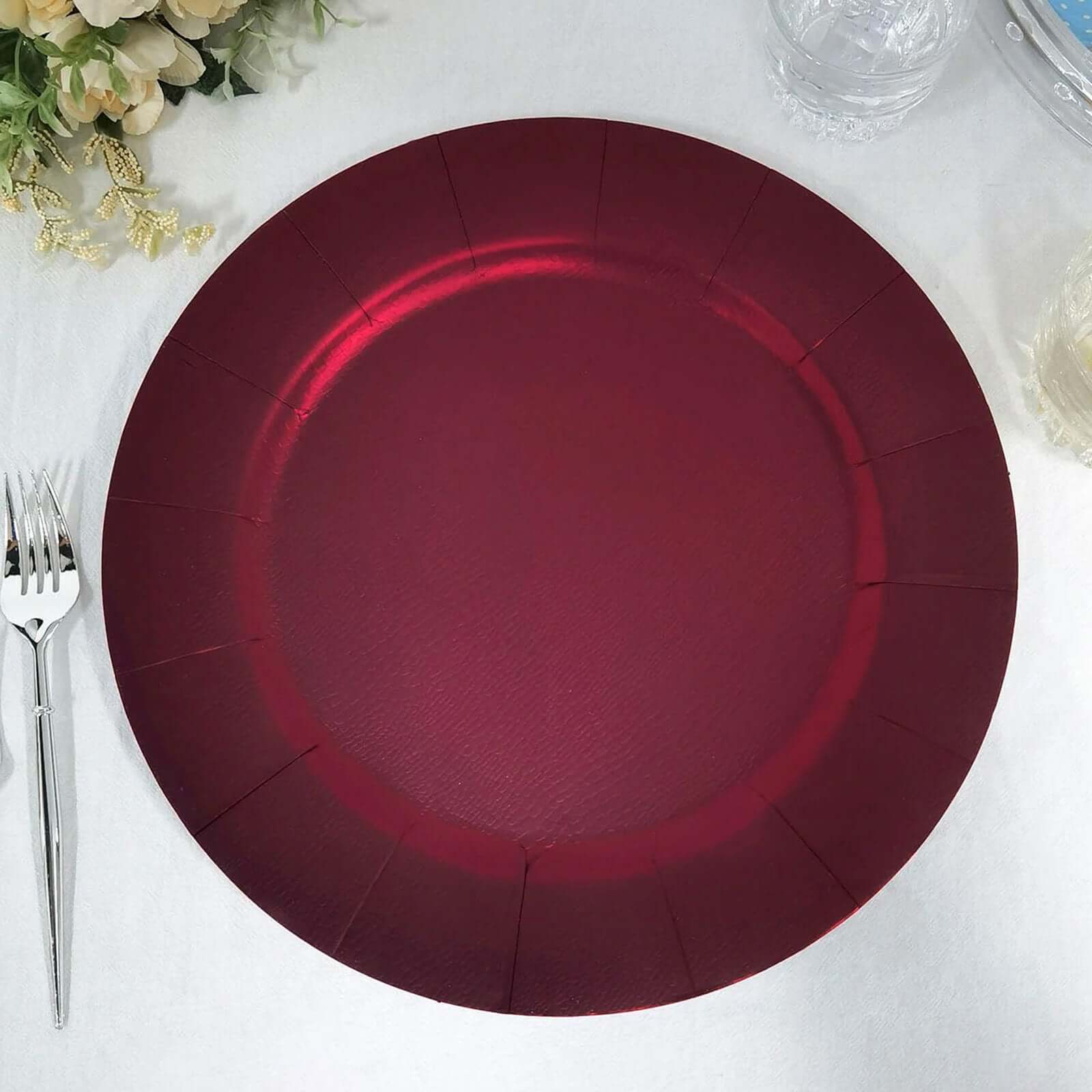 10-Pack Disposable Round Charger Plates in Burgundy with Leathery Texture - Durable 1100GSM Cardboard Placemats 13