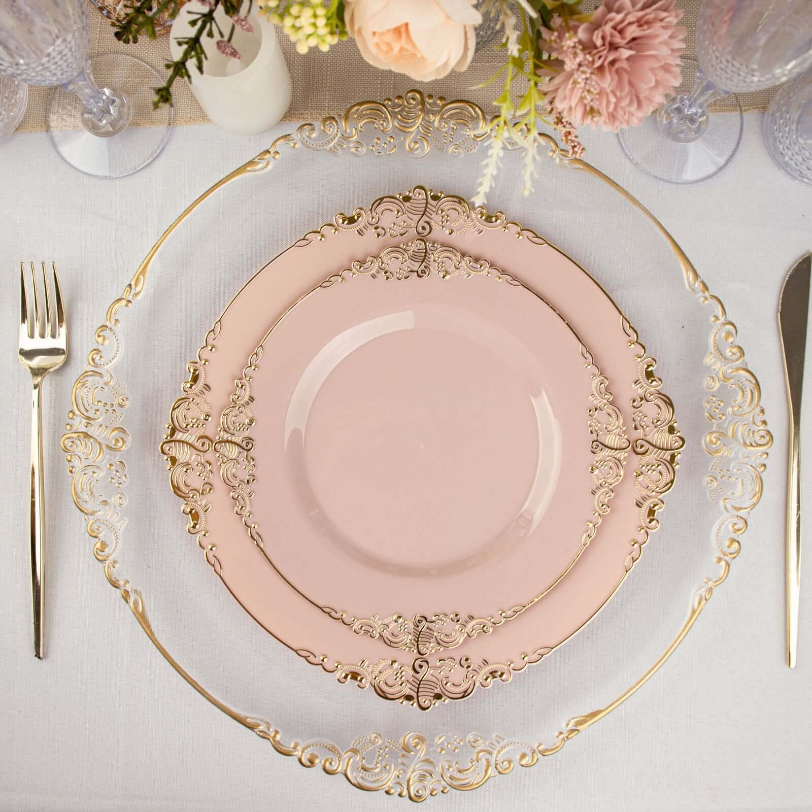 10-Pack Plastic 10 Round Dinner Plates in Blush with Gold Leaf Embossed Rim - Disposable Vintage Baroque Style Plates