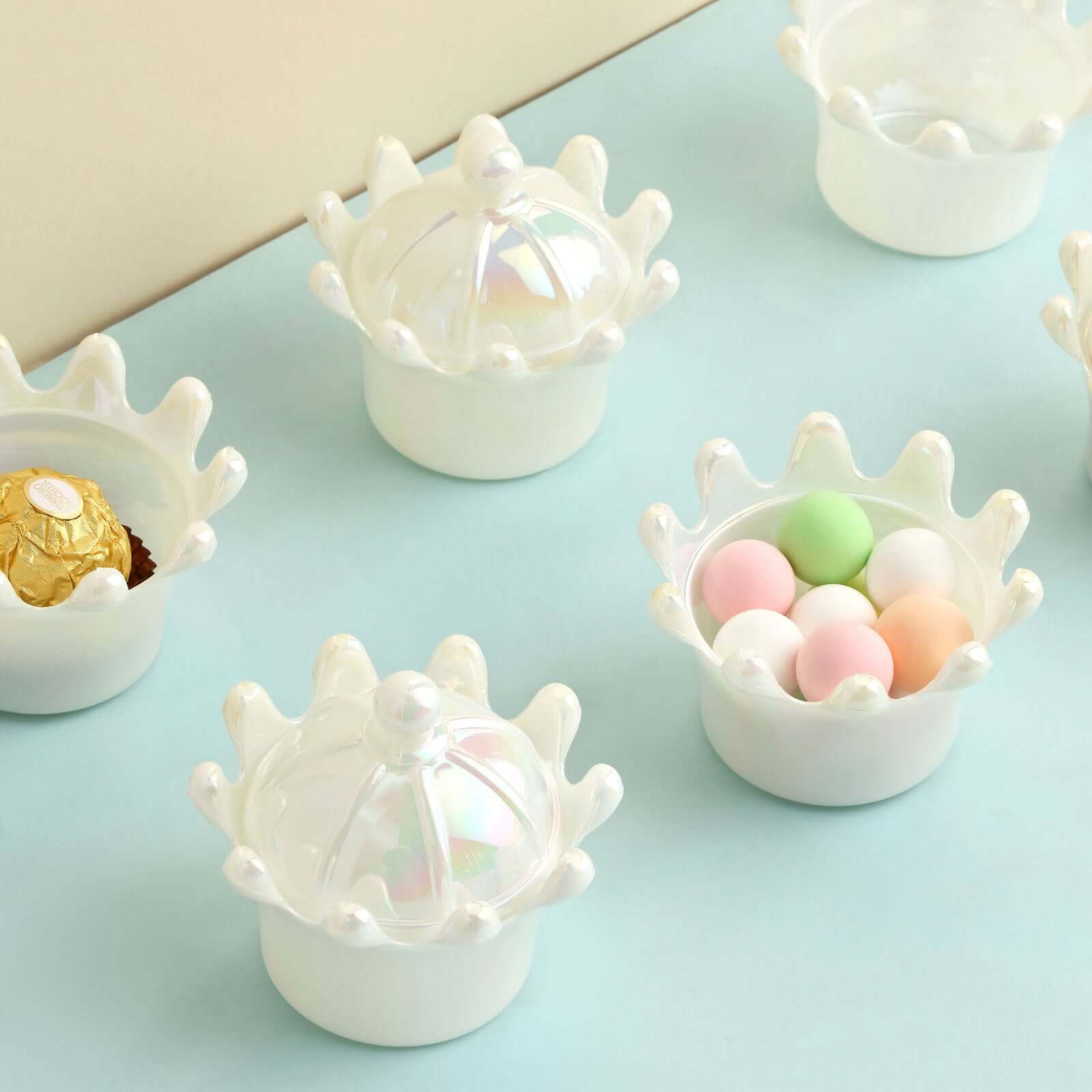 12 Pack 3 White Fillable Mini Crown Treat Favor Boxes, Small Candy Container Gift Boxes With Iridescent Dome Lids