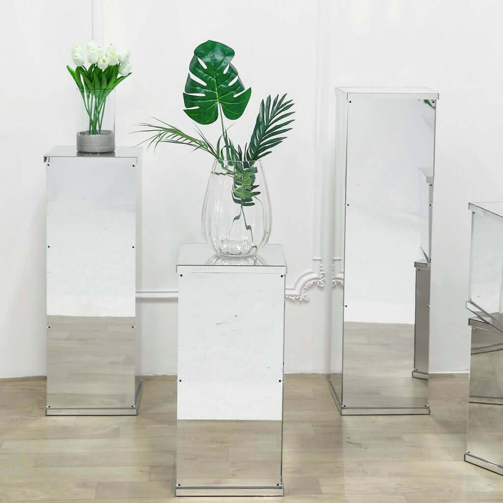 Set of 5 Silver Mirror Finish Acrylic Display Boxes, Pedestal Risers with Interchangeable Lid and Base - 12,16,24,32,40