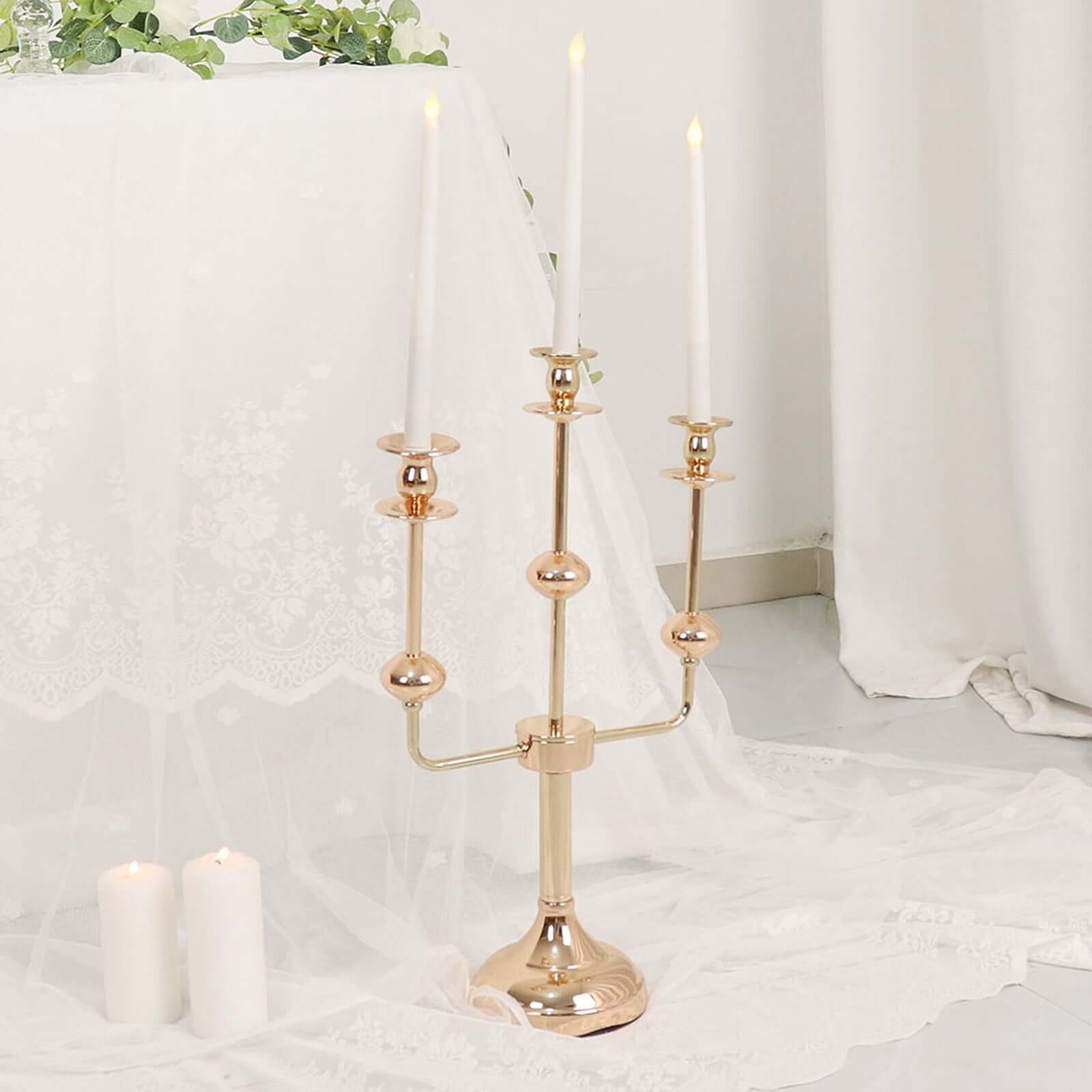 3-Arm Taper Candelabra Candle Holder Stand Gold Metal Wedding Centerpiece - Decorative Display 20