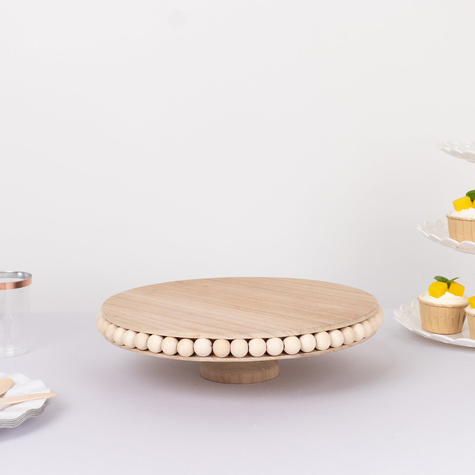 Wooden Pedestal Cake Stand Round Rustic Design with Beaded Edge Natural - Farmhouse Cupcake Holder Serving Tray 12