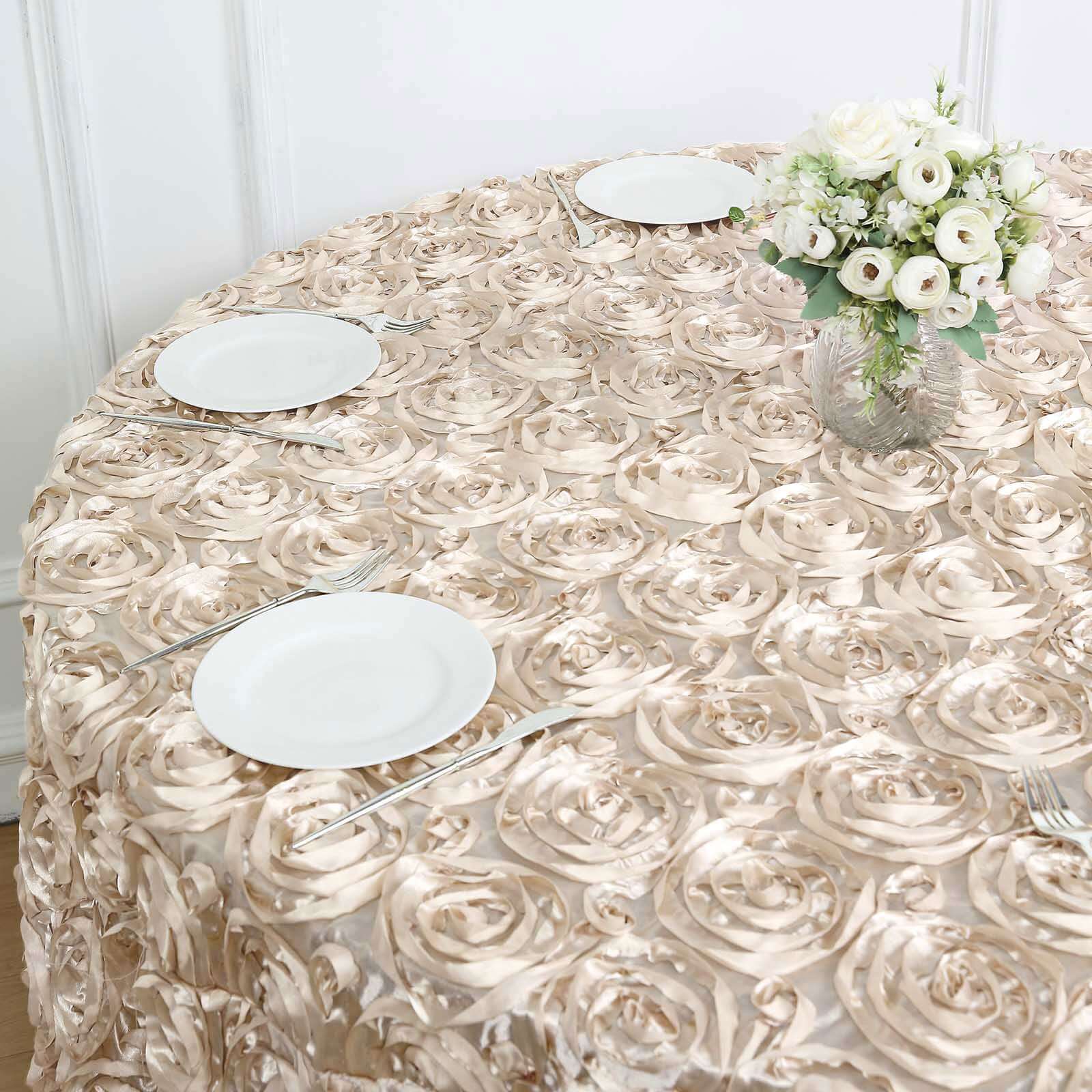 Satin 120 Round Tablecloth Beige - Grandiose 3D Rosette with Seamless Finish Table Cover