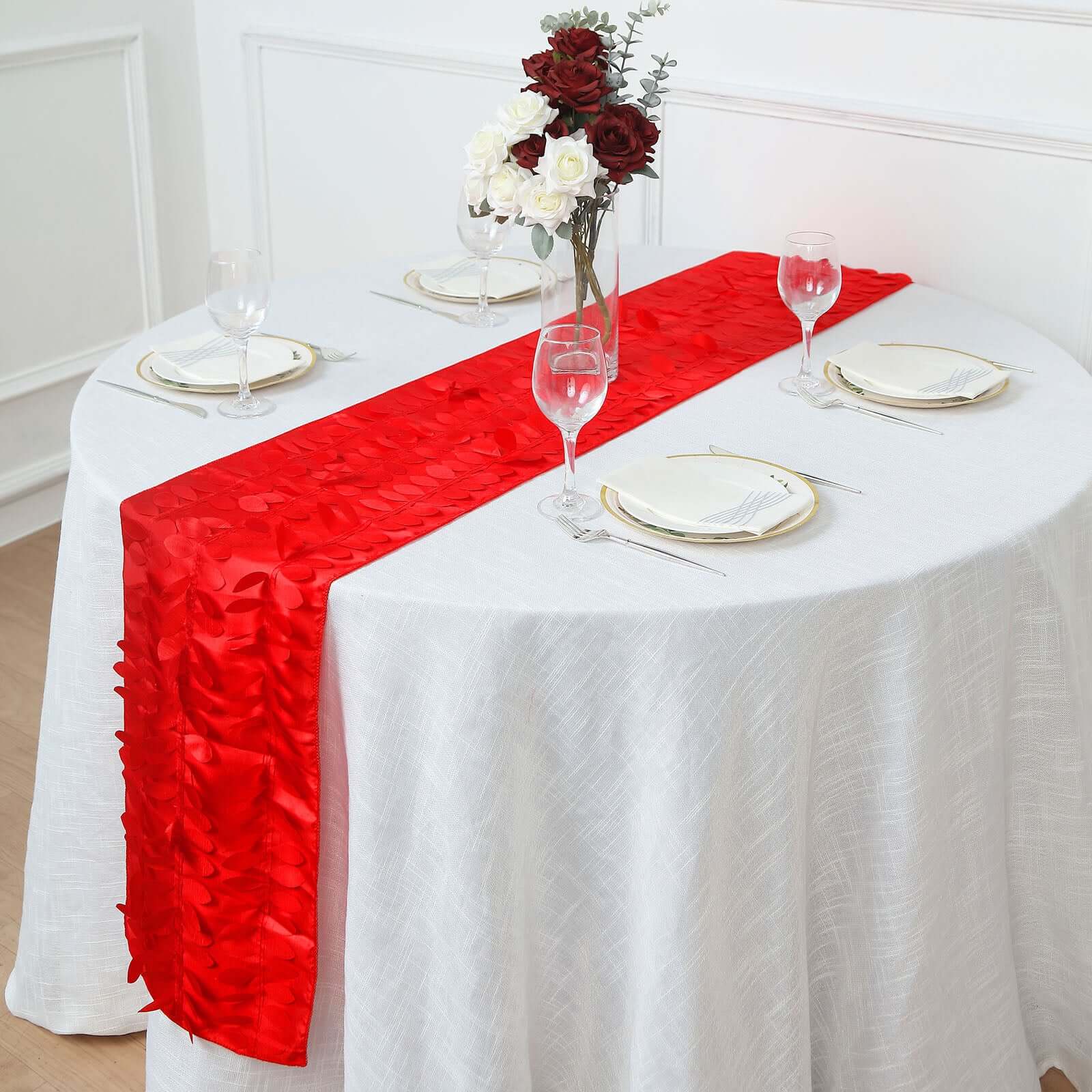 Taffeta Fabric 12x108 Table Runner Red - 3D Leaf Petal Design