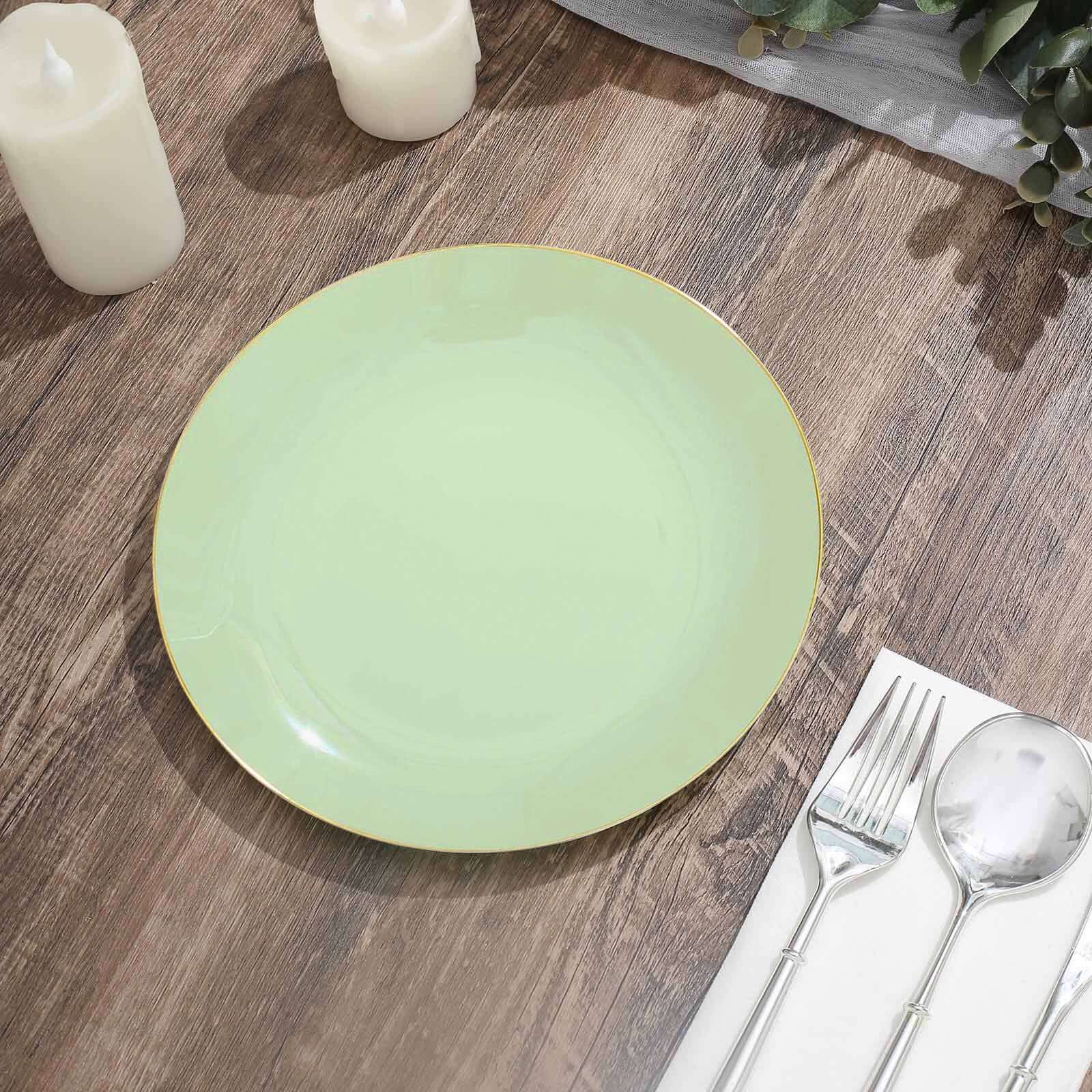 10-Pack Plastic 8 Round Dessert Plates in Sage Green with Gold Rim - Glossy Disposable Appetizer Salad Plates