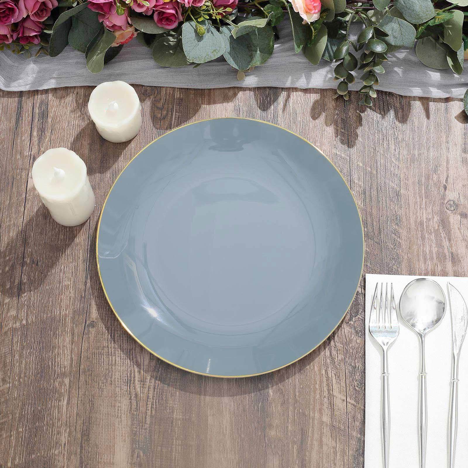 10-Pack Plastic 10 Round Dinner Plates in Dusty Blue with Gold Rim - Glossy Disposable Party Plates