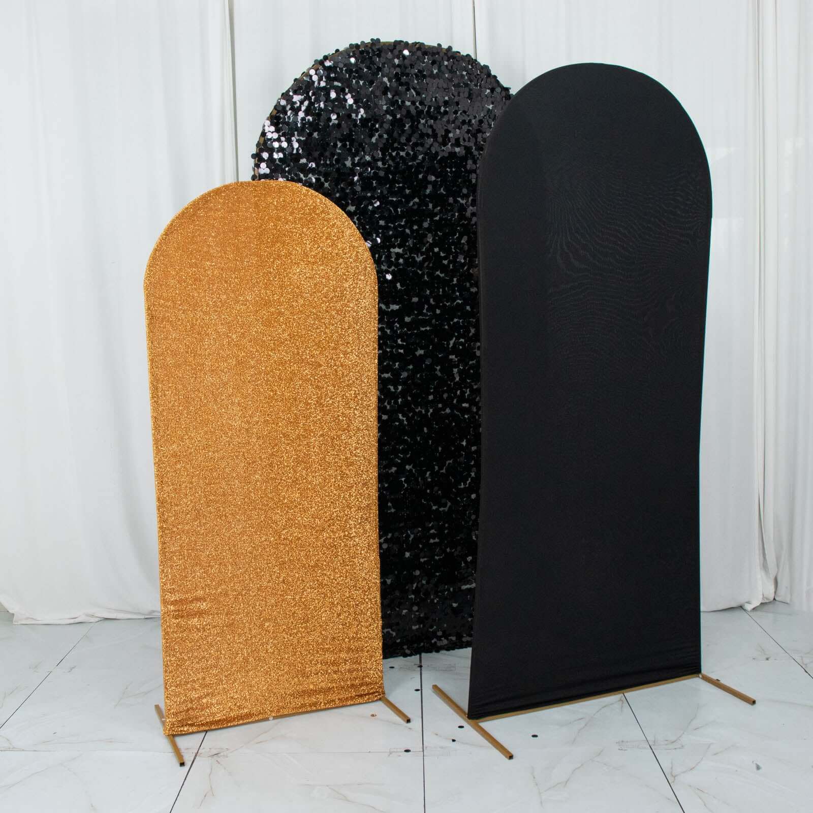 Set of 3 Black Gold Round Top Fitted Wedding Arch Frame Covers, Big Payette Sequin, Shimmer Tinsel and Matte Spandex Backdrop Stand Covers