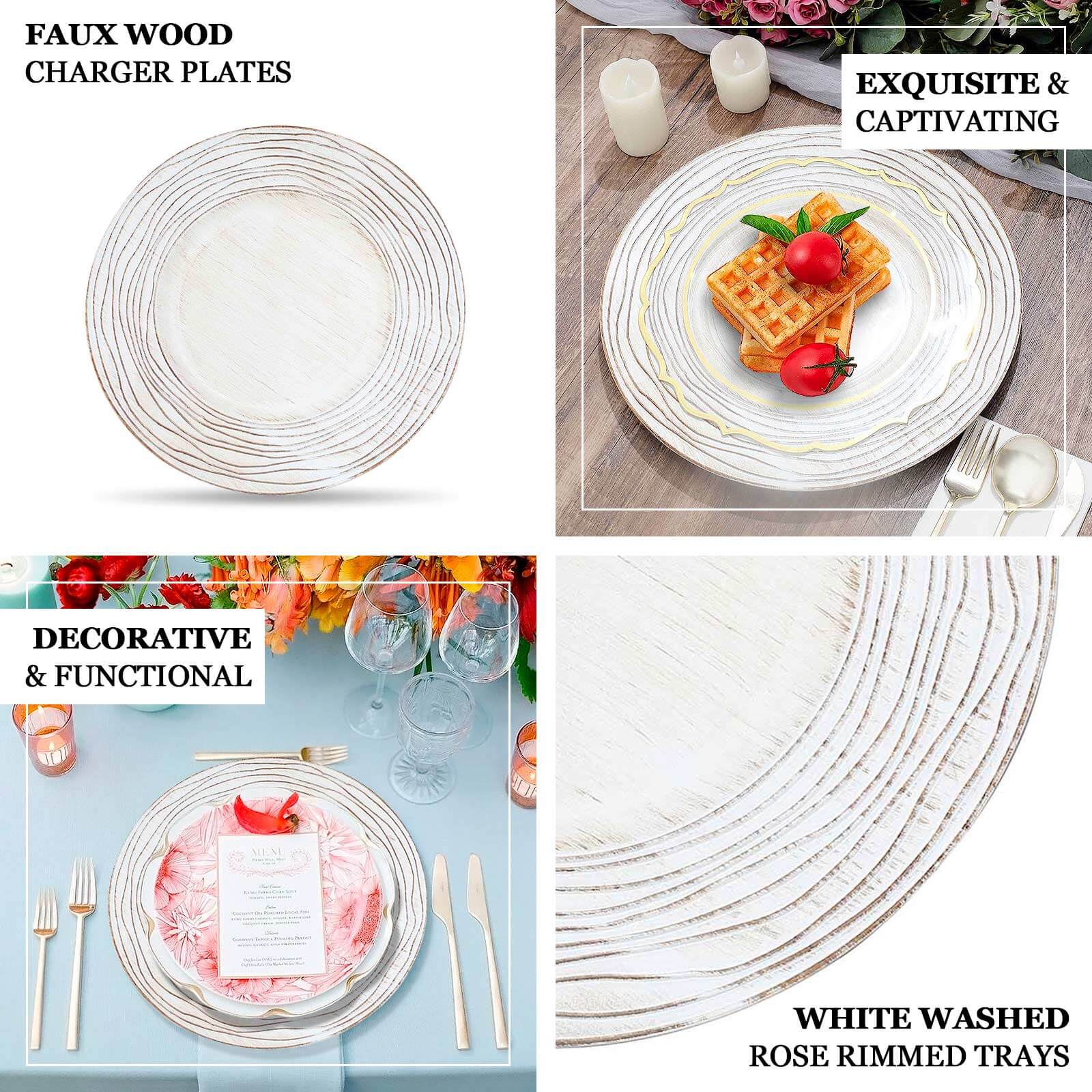 6-Pack Faux Wood Round Charger Plates 13 White Washed with Rose Embossed Rim, Disposable Plastic Charger Tableware