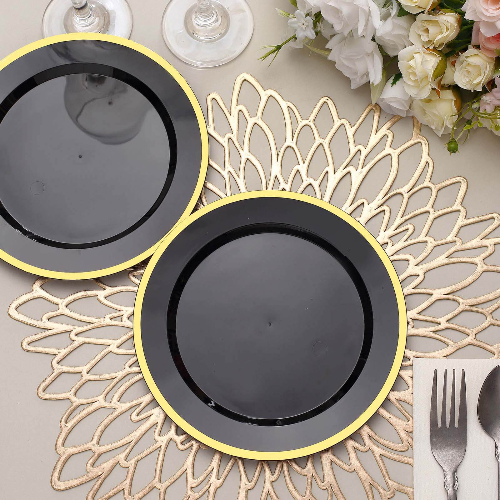 10-Pack Plastic 7 Round Appetizer Plates in Black with Gold Rim - Sleek Disposable Salad Plates for Banquets & Special Occasions