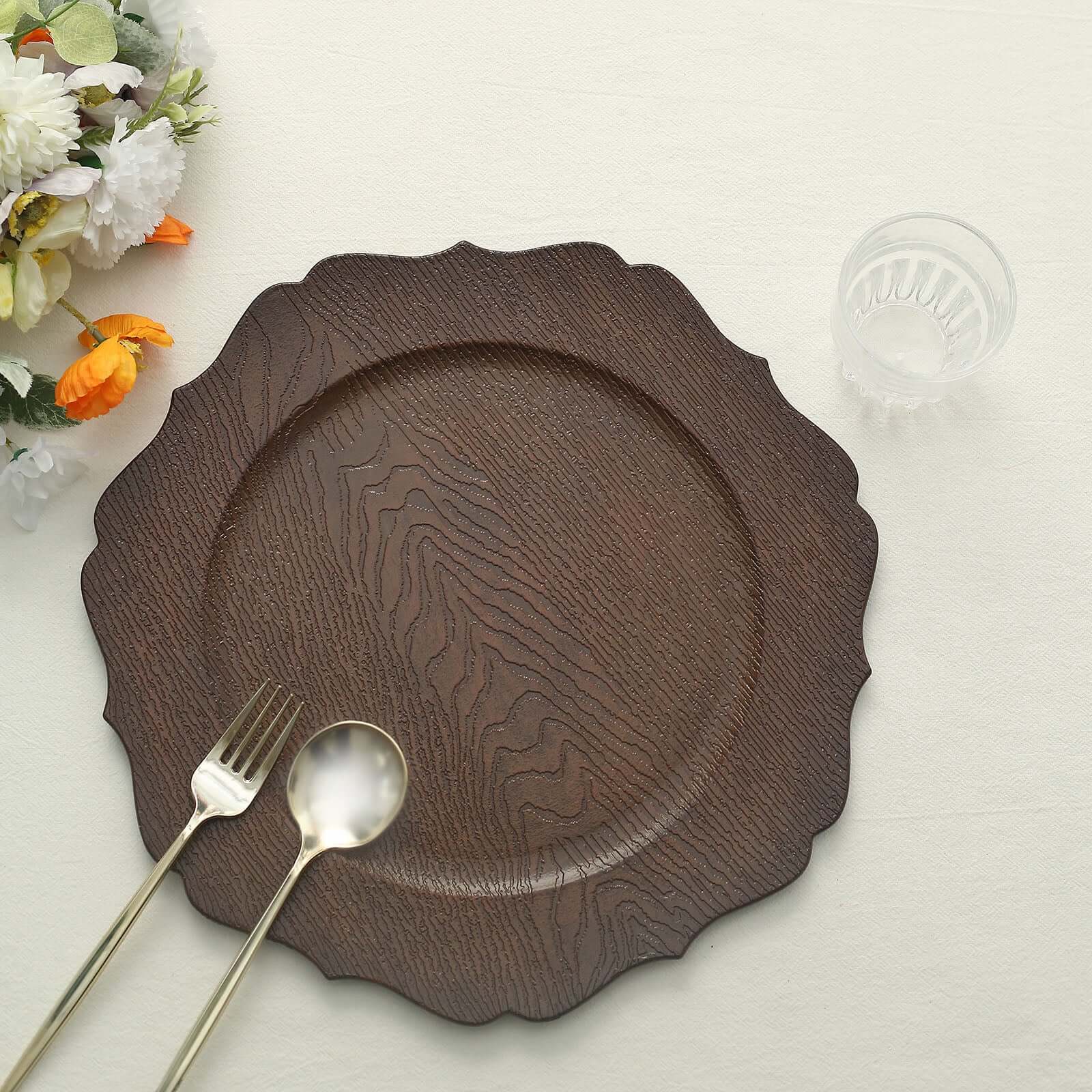 6-Pack Acrylic Round Charger Plates 13 in Rustic Brown with Wood Grain Scalloped Rim, Decorative Dinner Party Charger Tableware