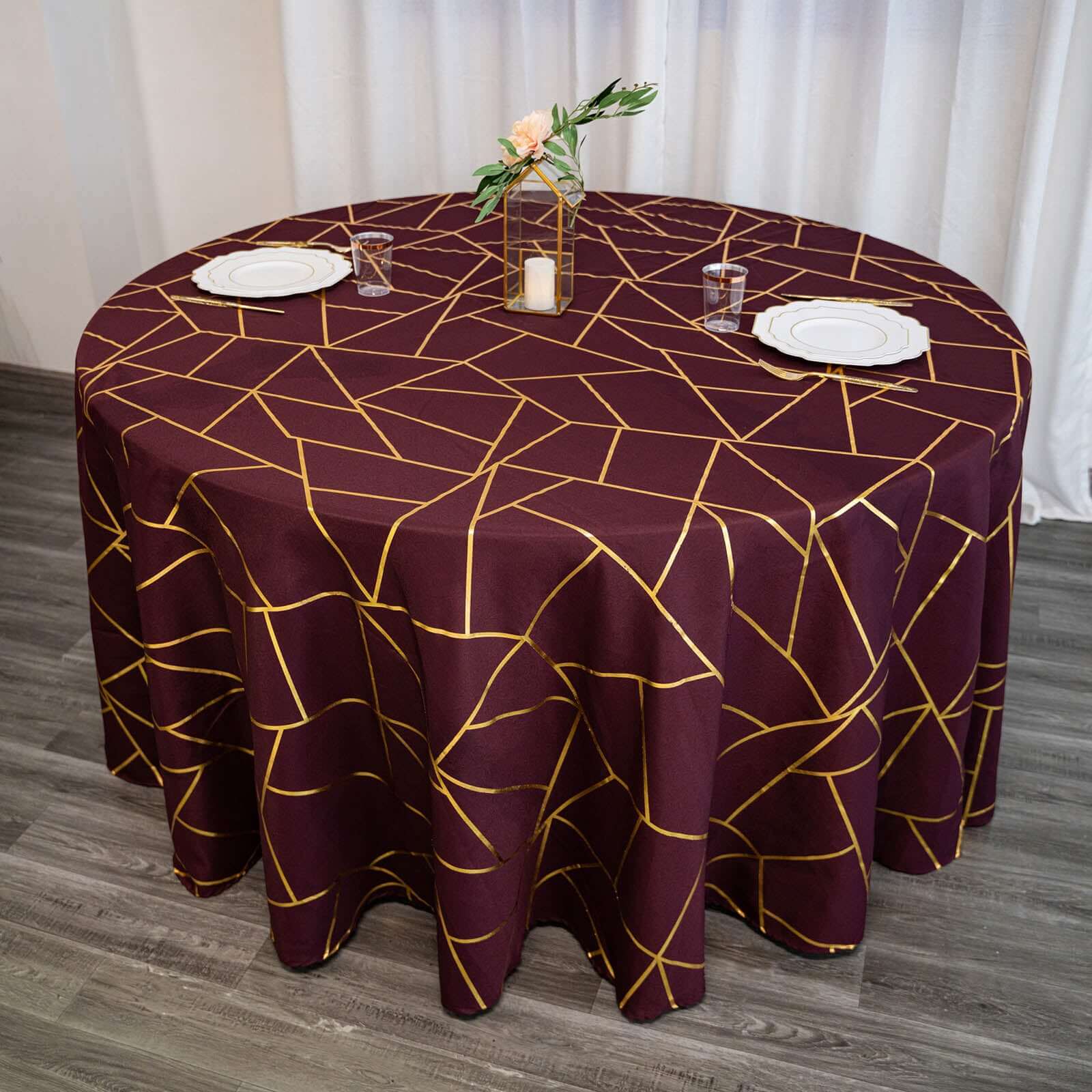 120 Burgundy Seamless Round Polyester Tablecloth With Gold Foil Geometric Pattern for 5 Foot Table With Floor-Length Drop